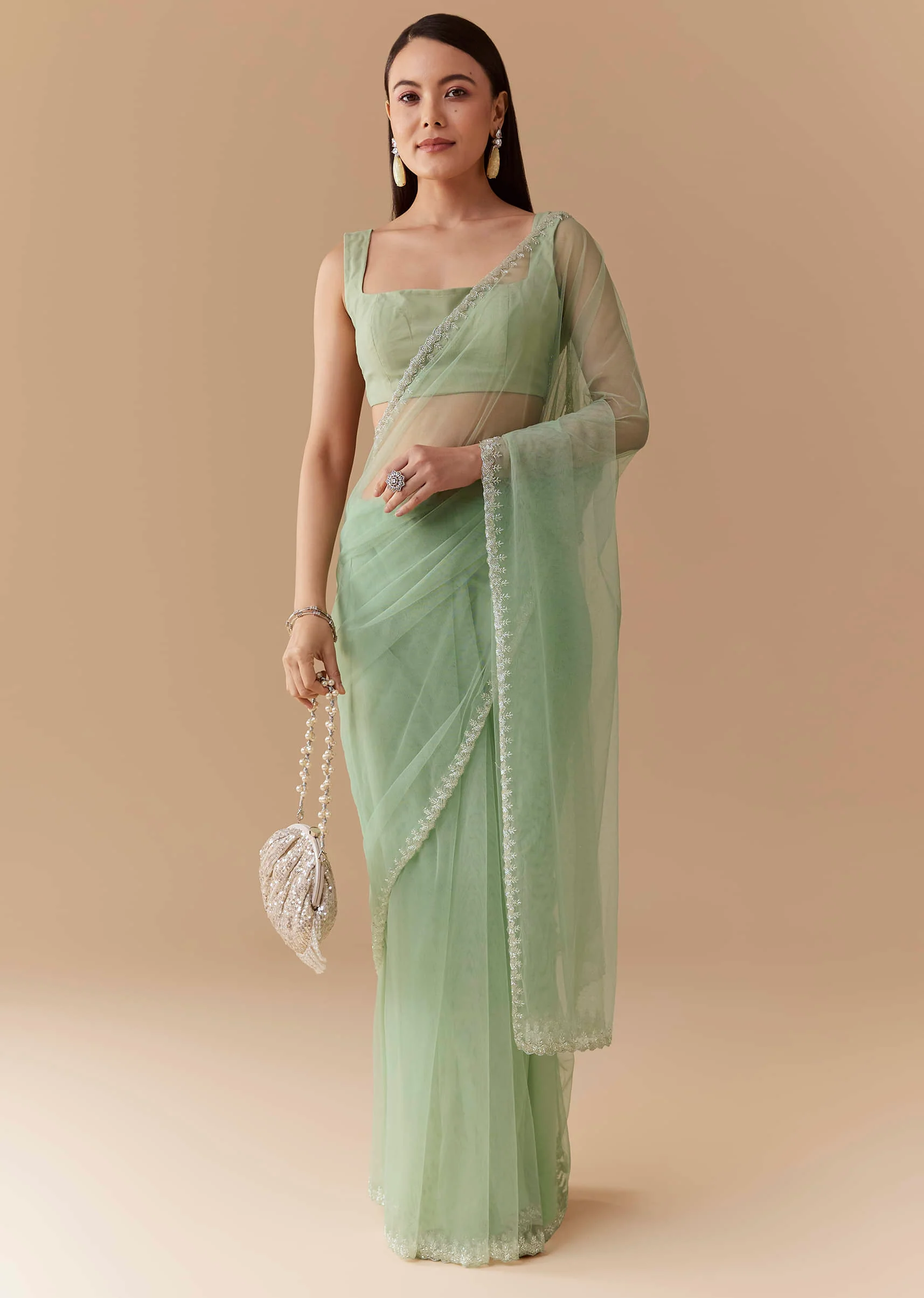 Mint Green Cutwork Embellished Saree with Unstitched Blouse - Image 3