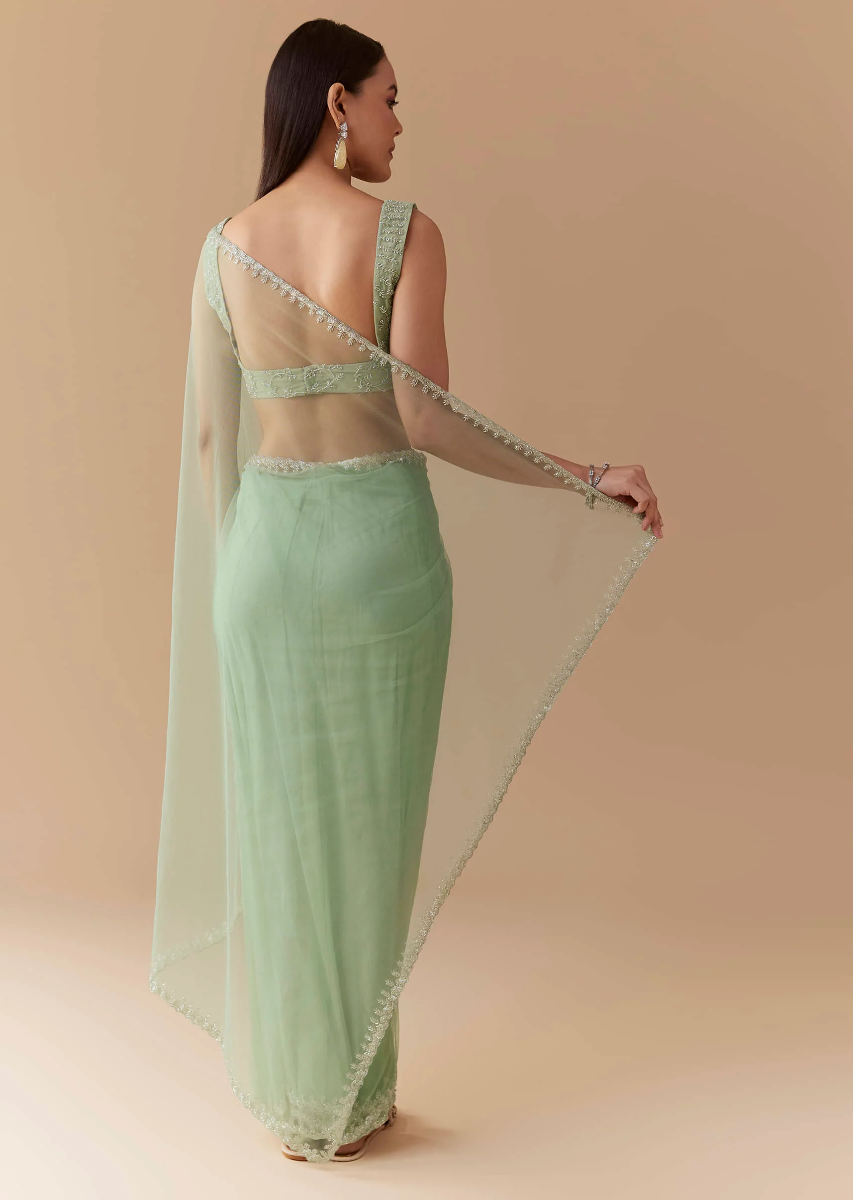 Mint Green Cutwork Embellished Saree with Unstitched Blouse - Image 4