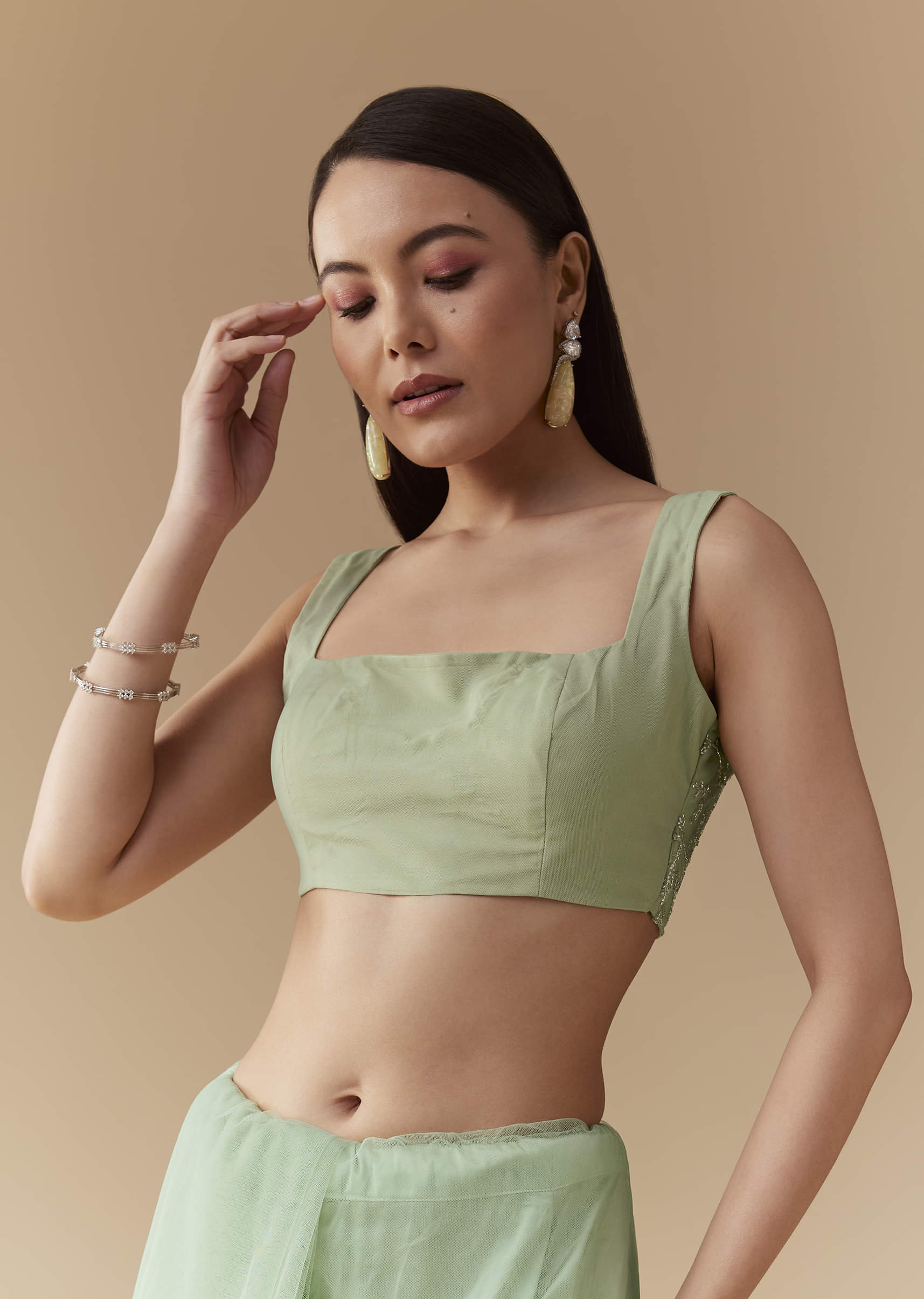 Mint Green Cutwork Embellished Saree with Unstitched Blouse - Image 7