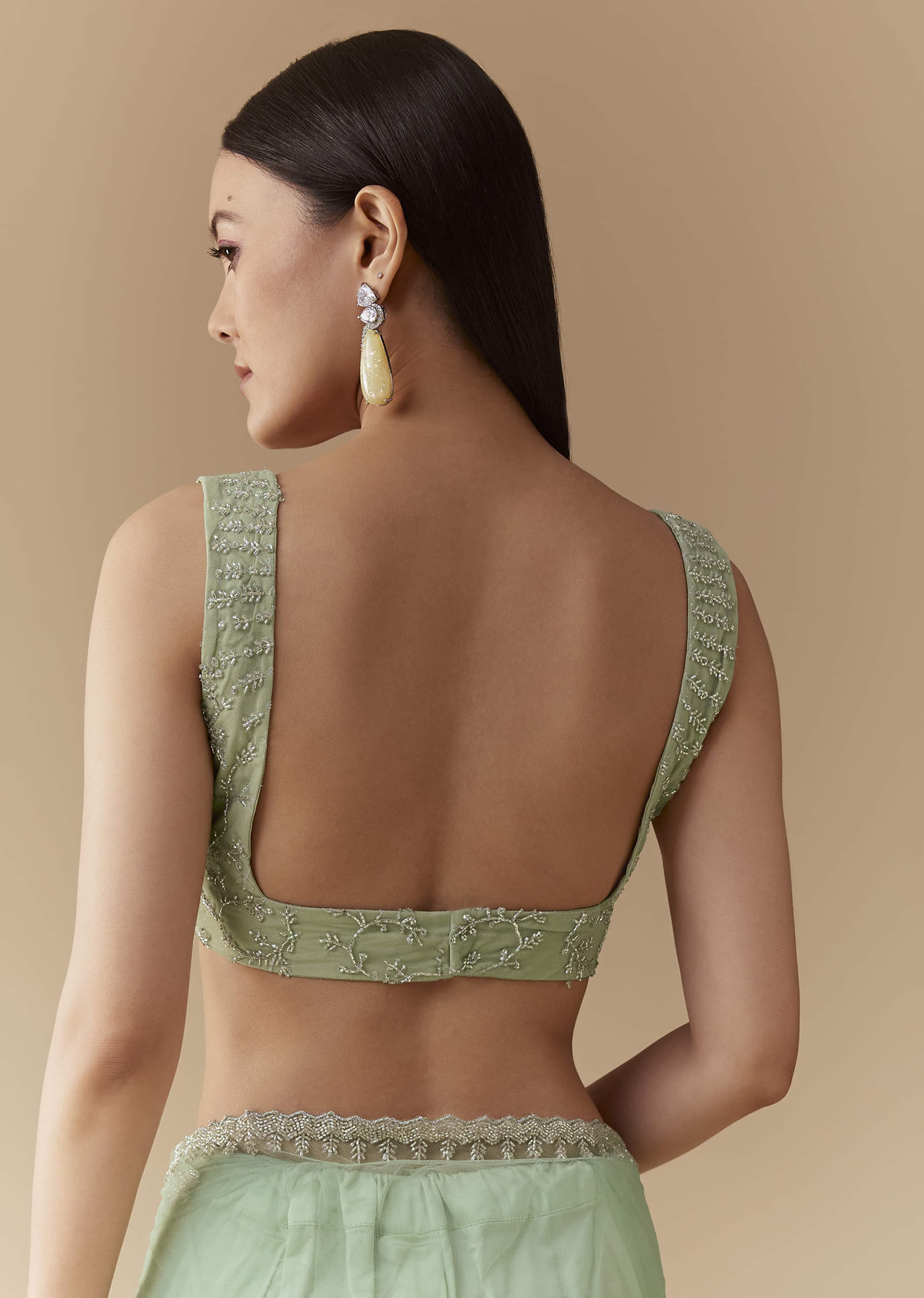 Mint Green Cutwork Embellished Saree with Unstitched Blouse - Image 8