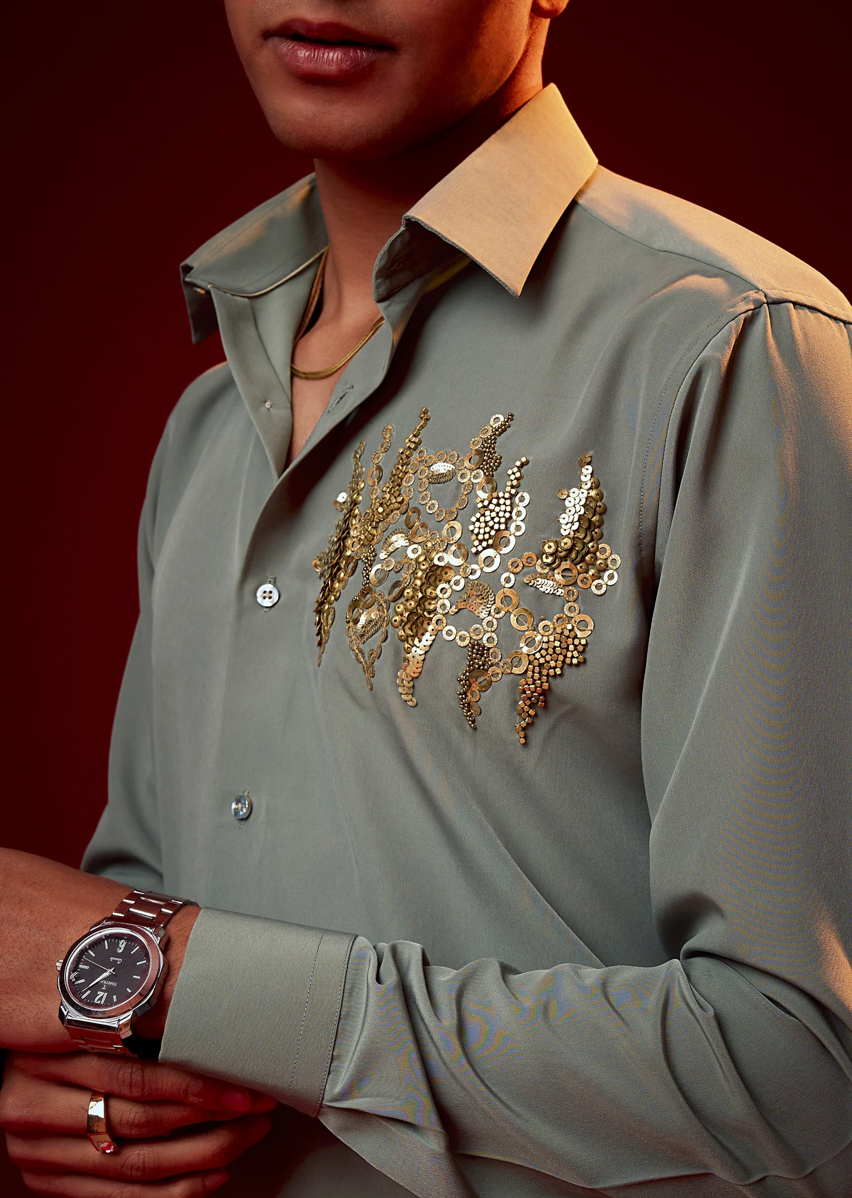 Mint Green Embellished Mandarin Collar Shirt - Image 2