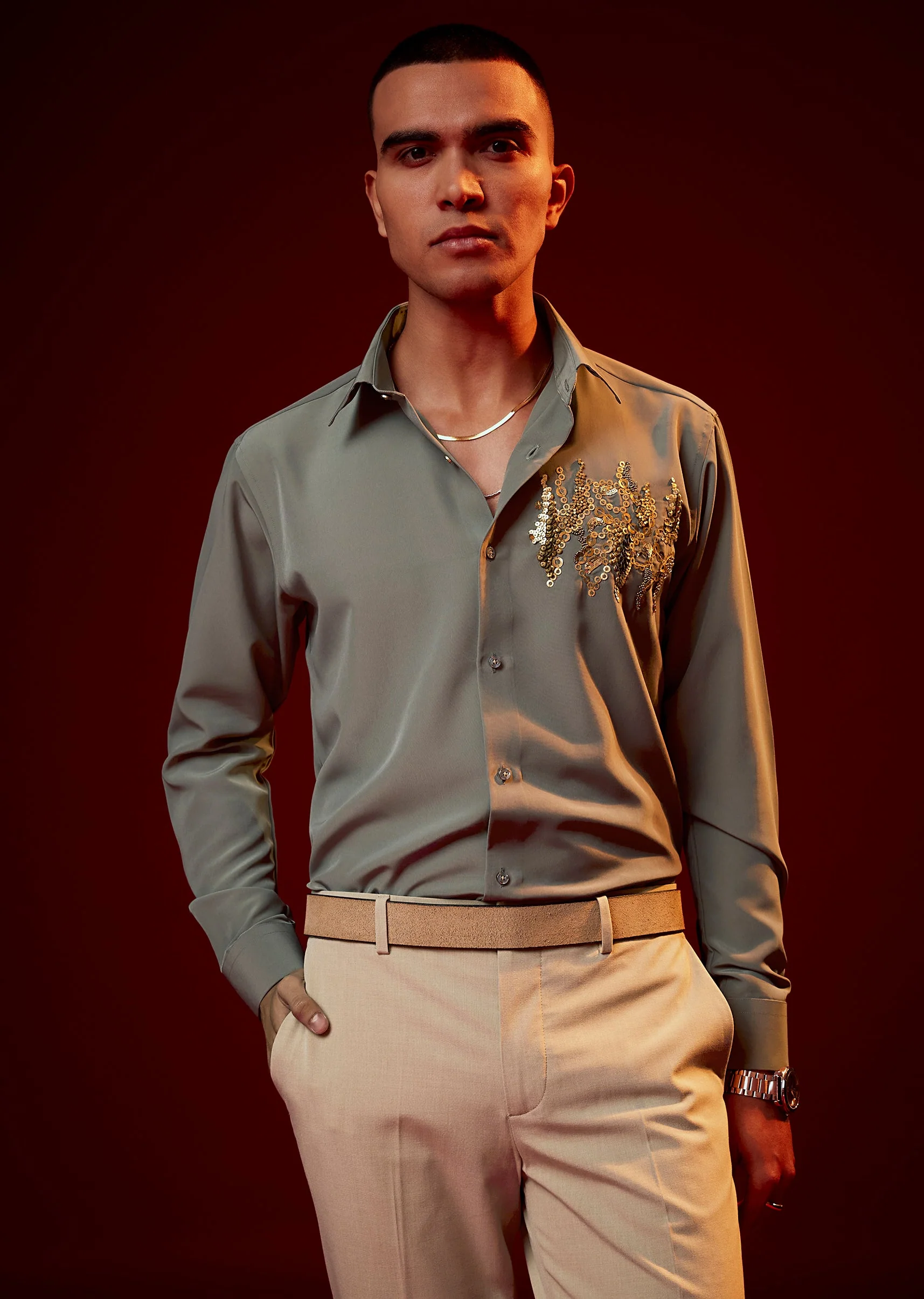 Mint Green Embellished Mandarin Collar Shirt - Image 3