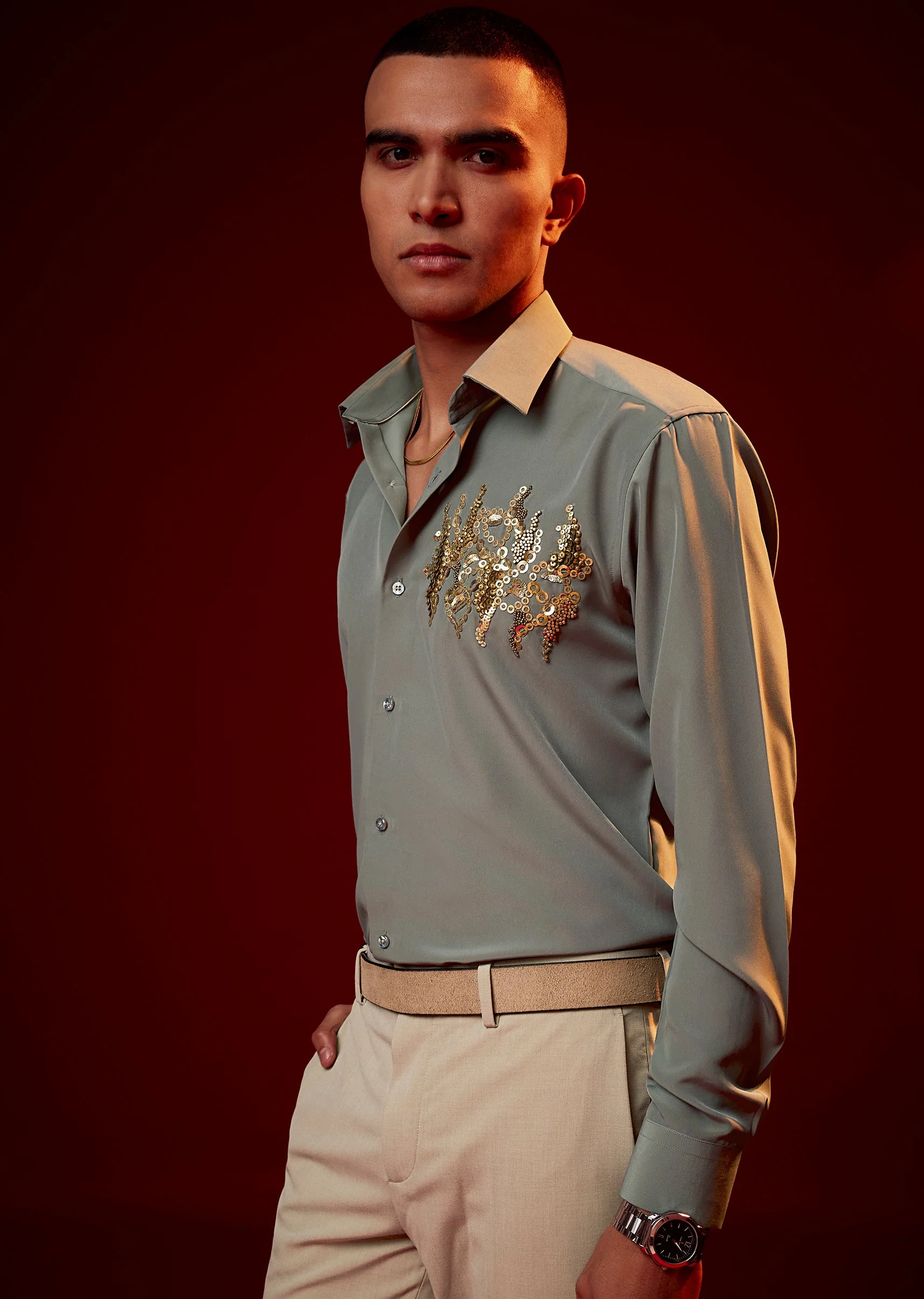Mint Green Embellished Mandarin Collar Shirt - Image 4