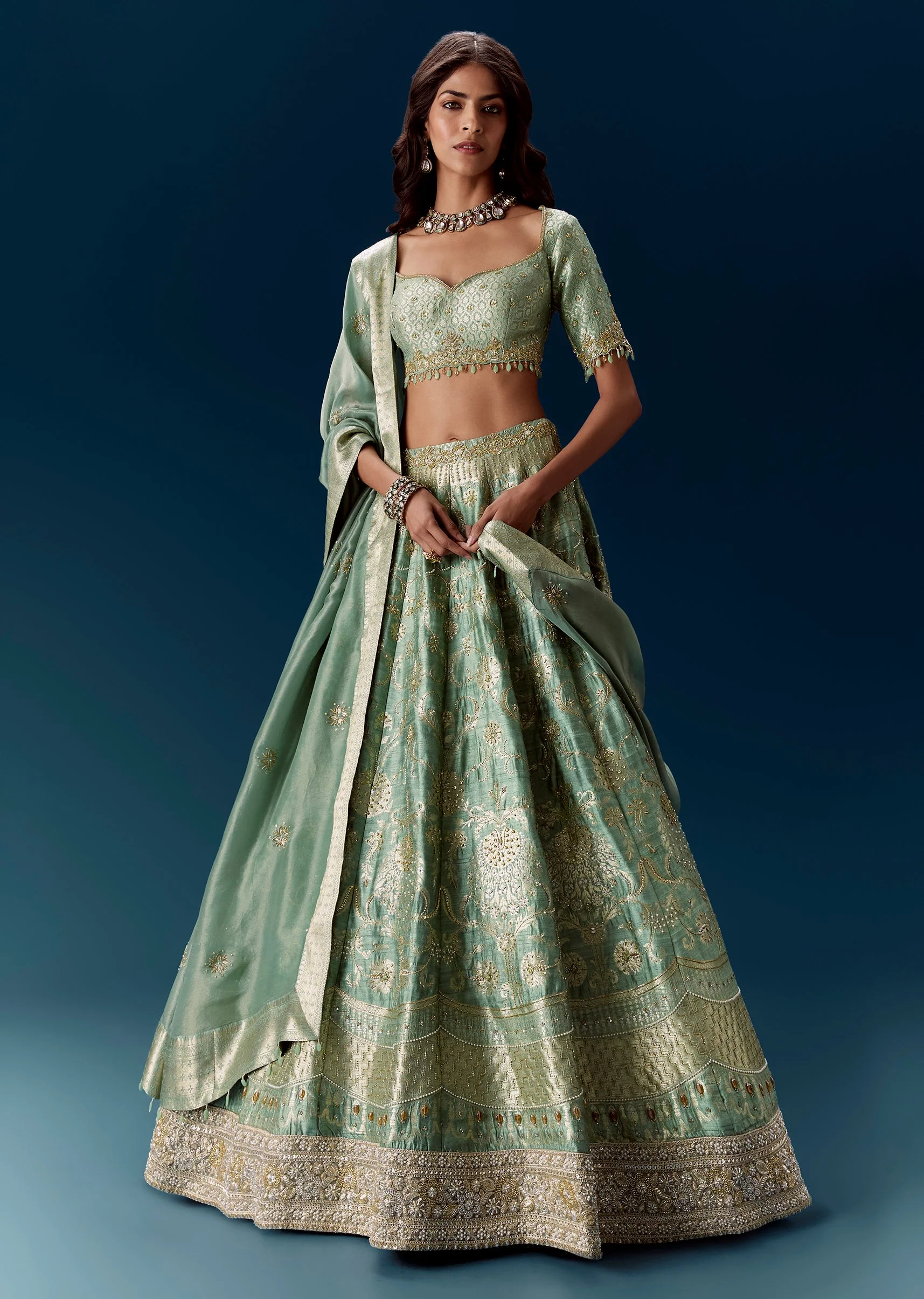 Mint Green Embroidered Bridal Lehenga With Dupatta - Image 4