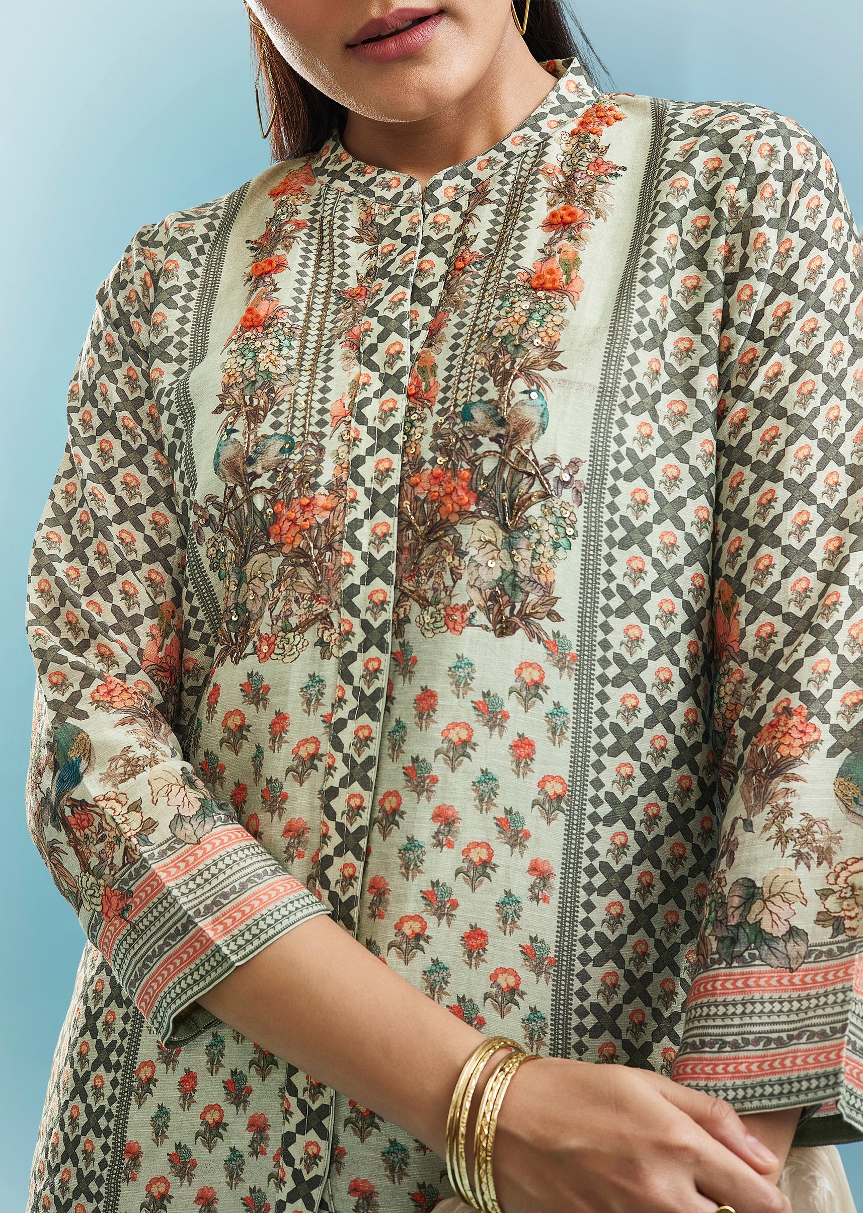 Mint Green Floral Co-ord Set With Cut Dana And Sequins Work - Image 2