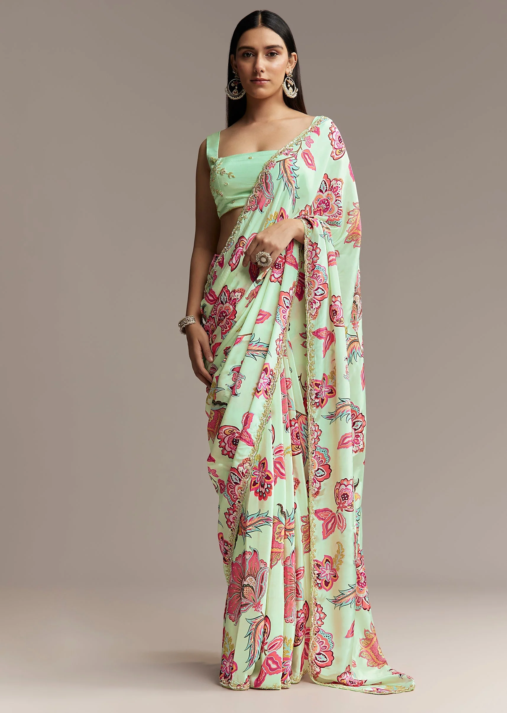 Mint Green Floral Crepe Saree With Scallop Border - Image 3