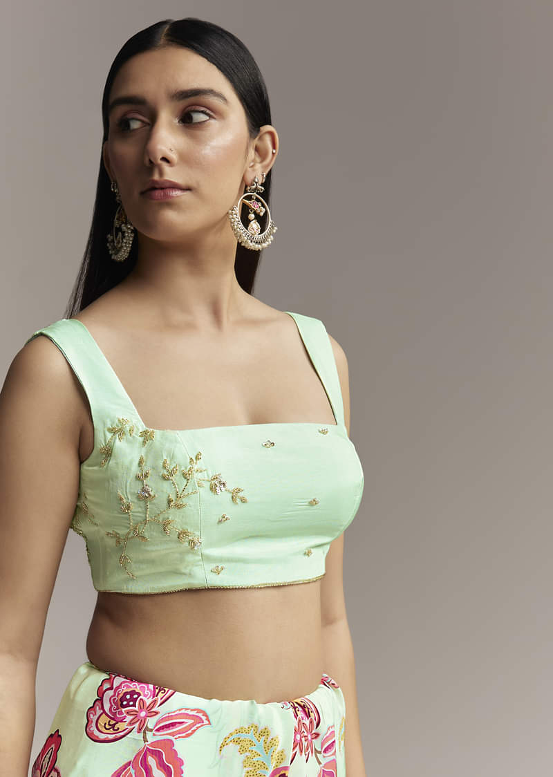 Mint Green Floral Crepe Saree With Scallop Border - Image 7
