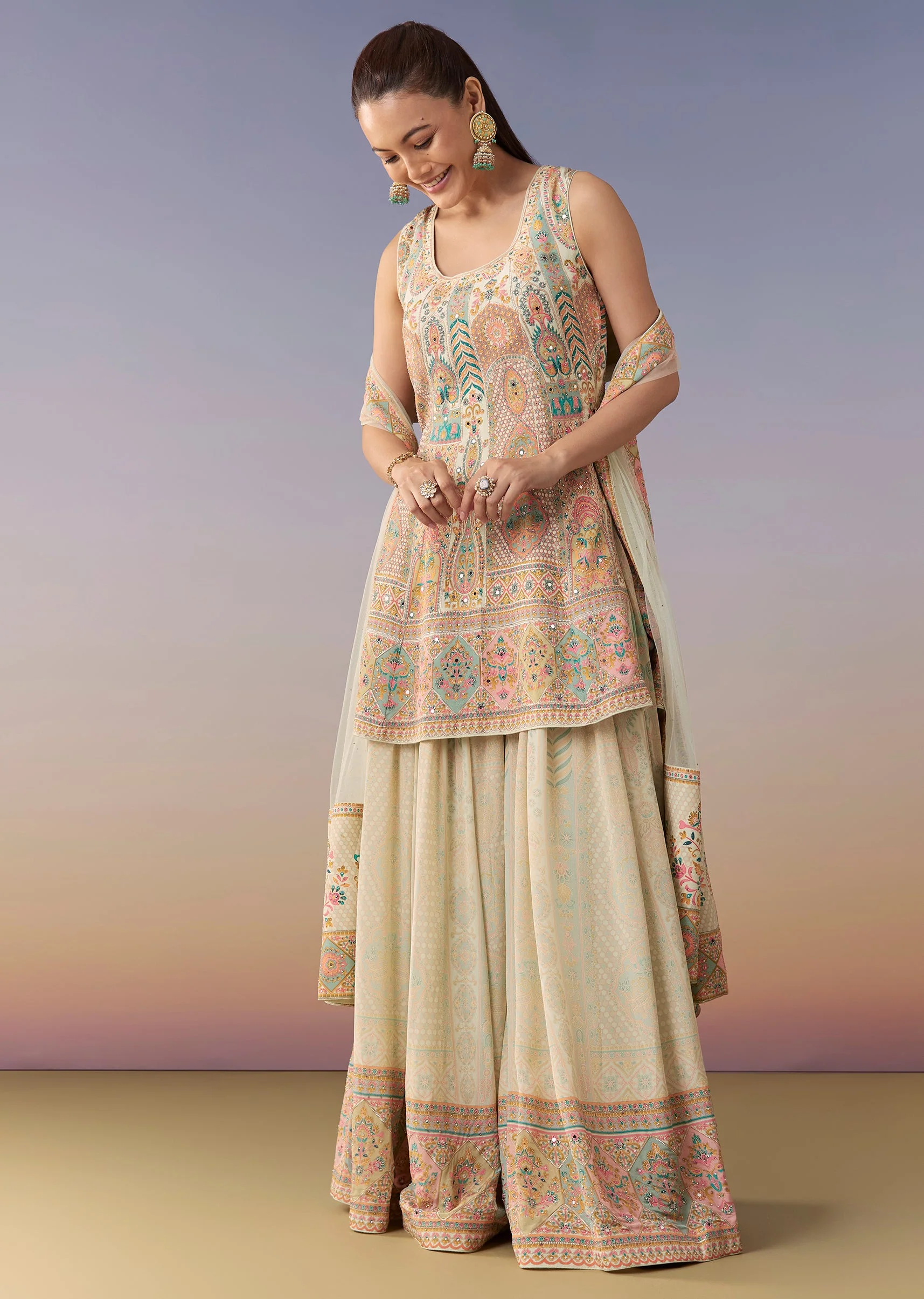 Mint Green Floral Embellished Palazzo Set With Dupatta