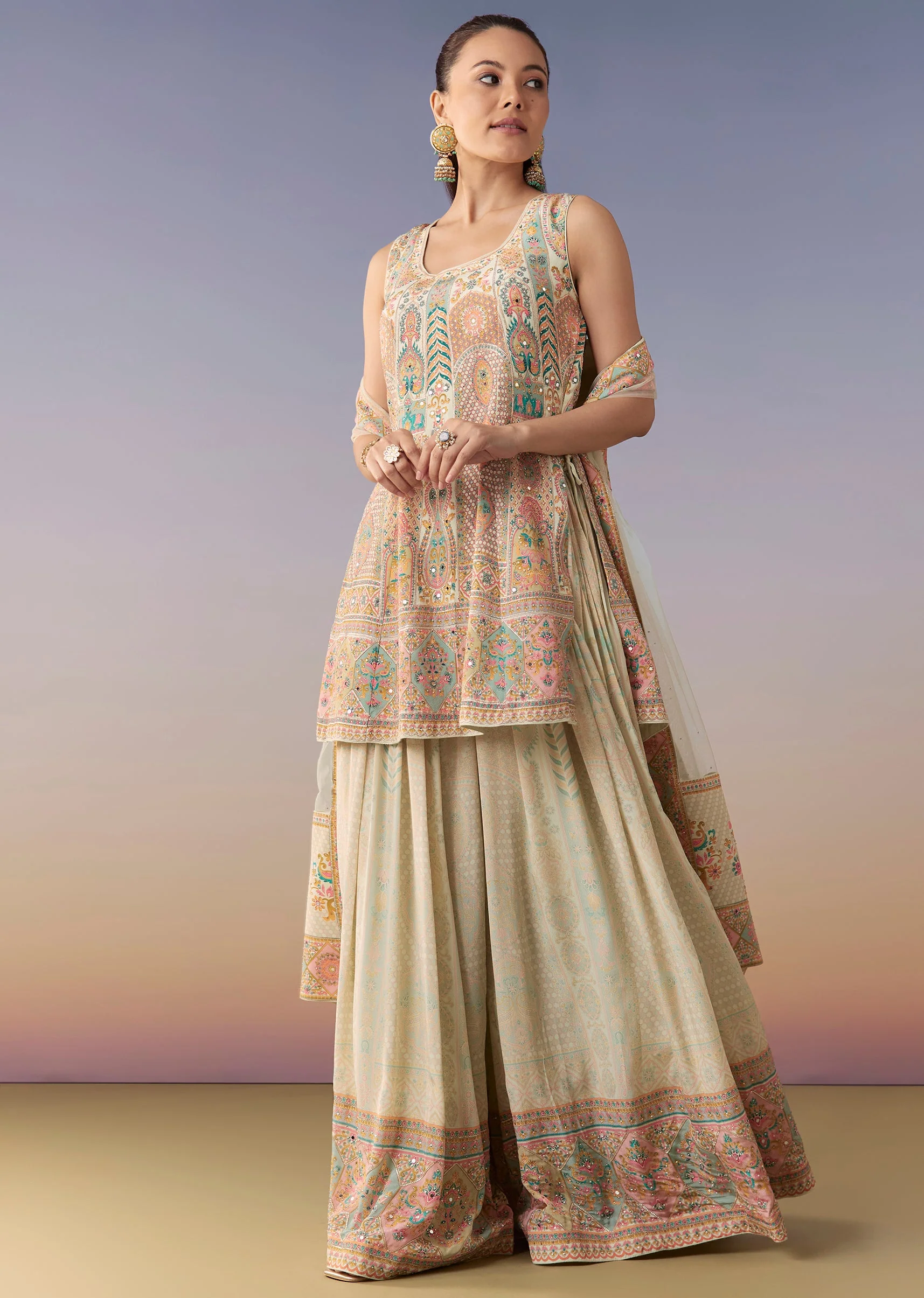 Mint Green Floral Embellished Palazzo Set With Dupatta - Image 3