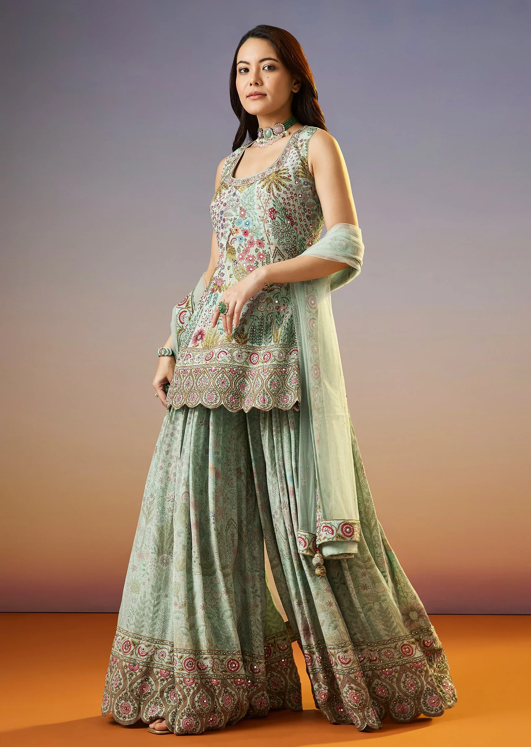 Mint Green Floral Printed Palazzo Suit With Dupatta