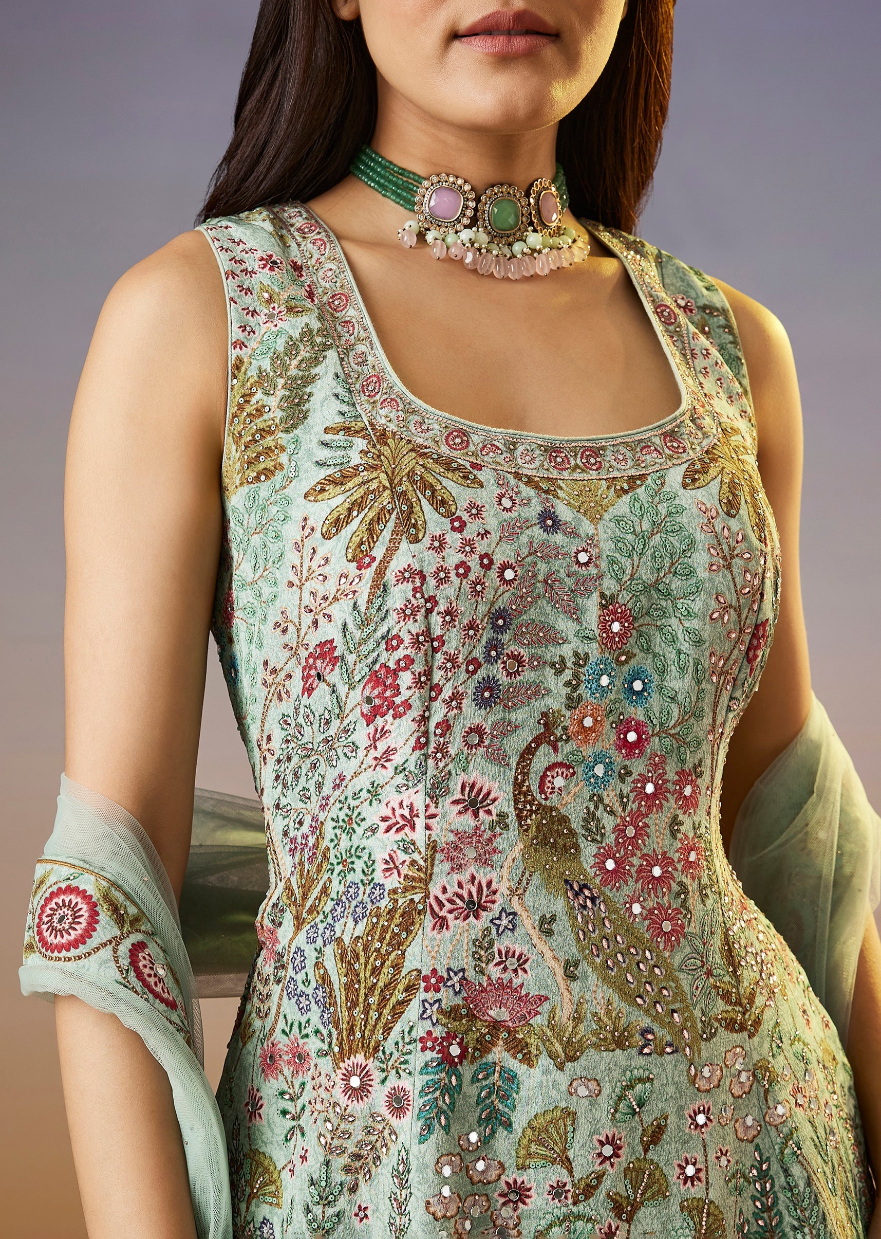 Mint Green Floral Printed Palazzo Suit With Dupatta - Image 2