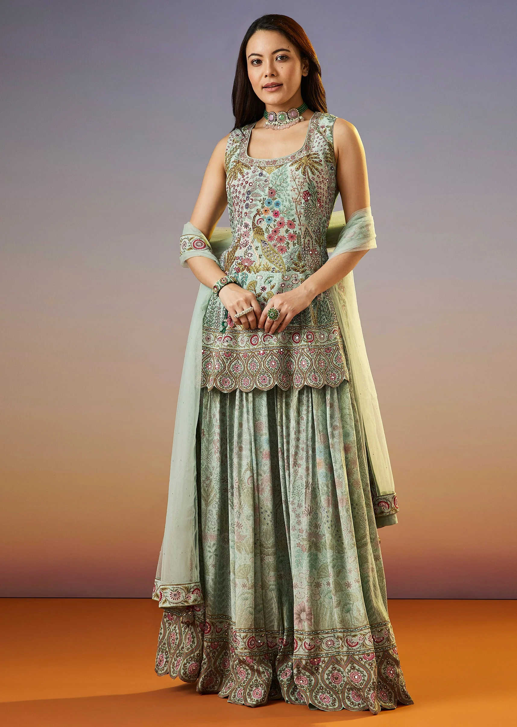 Mint Green Floral Printed Palazzo Suit With Dupatta - Image 3