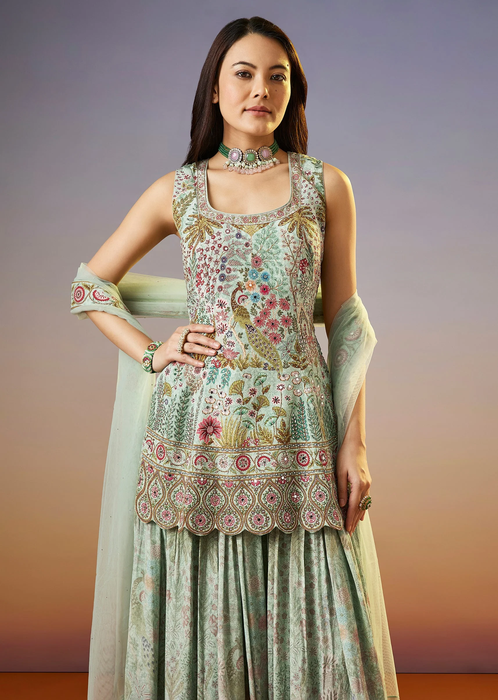 Mint Green Floral Printed Palazzo Suit With Dupatta - Image 4