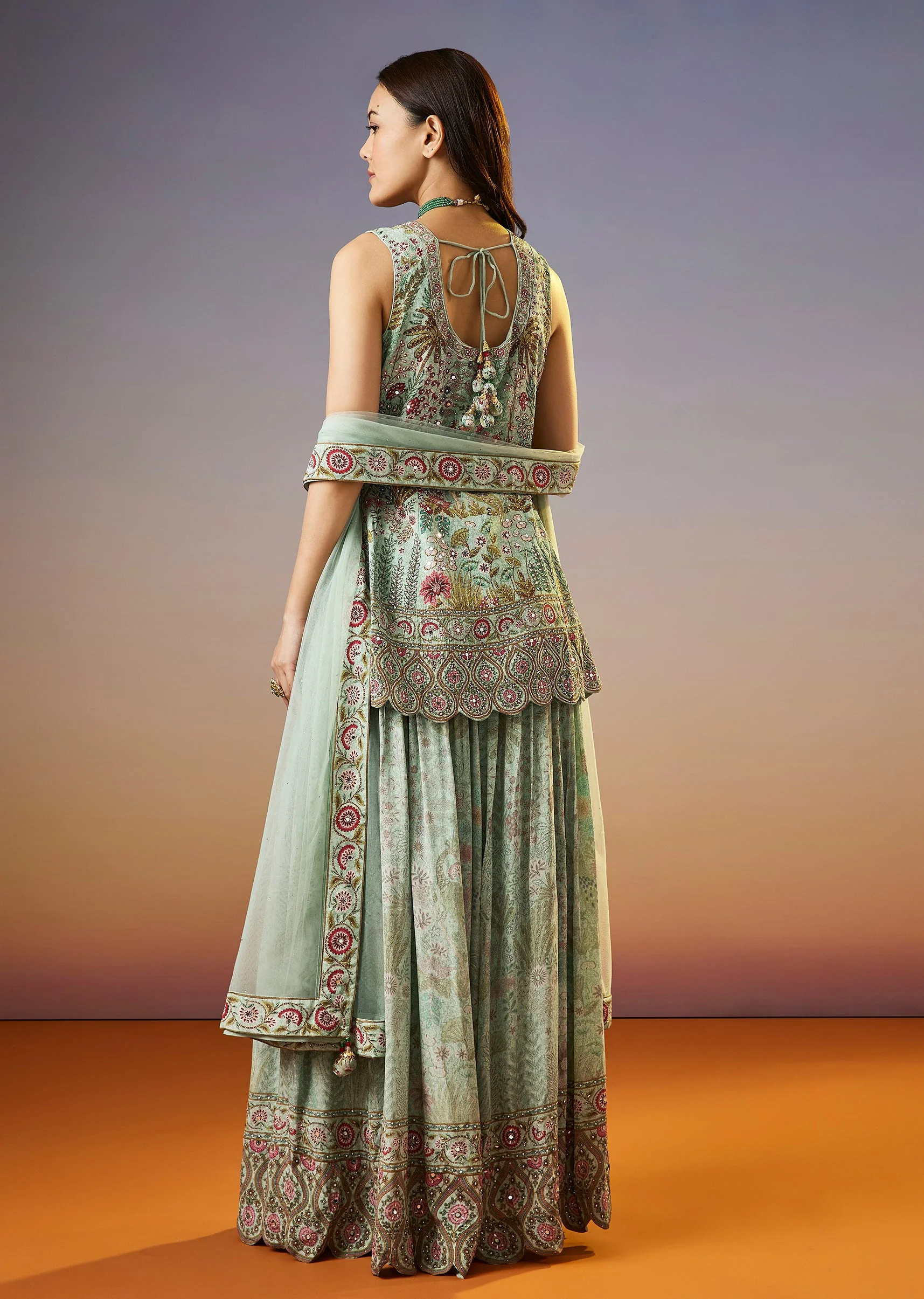 Mint Green Floral Printed Palazzo Suit With Dupatta - Image 5