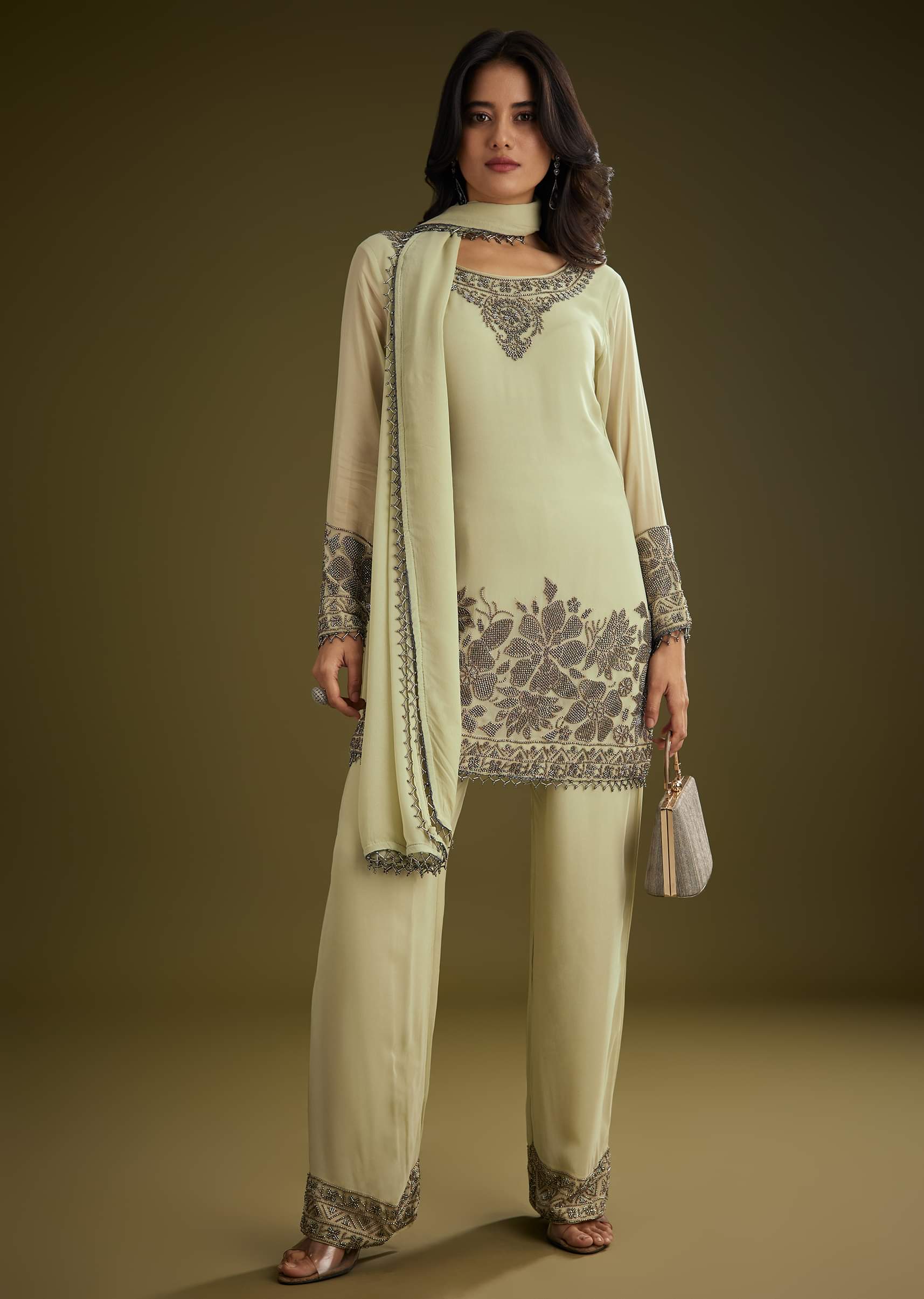 Mint Green Georgette Beads Kurta Set With Tassels Bordered Dupatta - Image 3