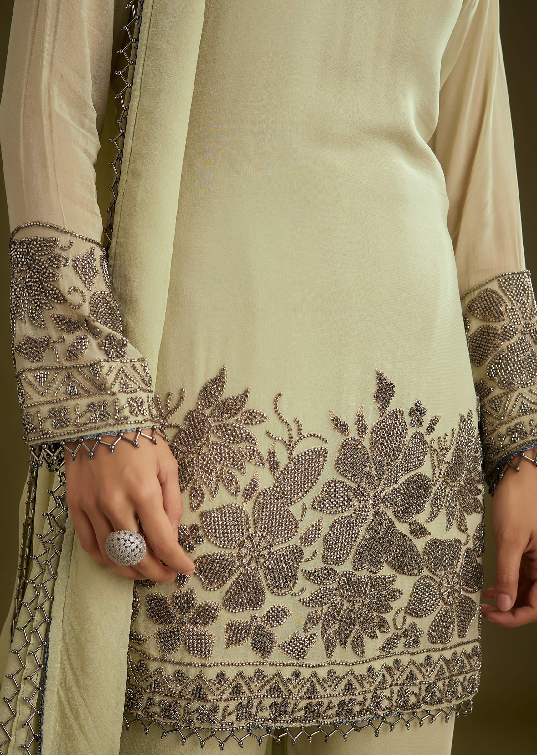 Mint Green Georgette Beads Kurta Set With Tassels Bordered Dupatta - Image 5
