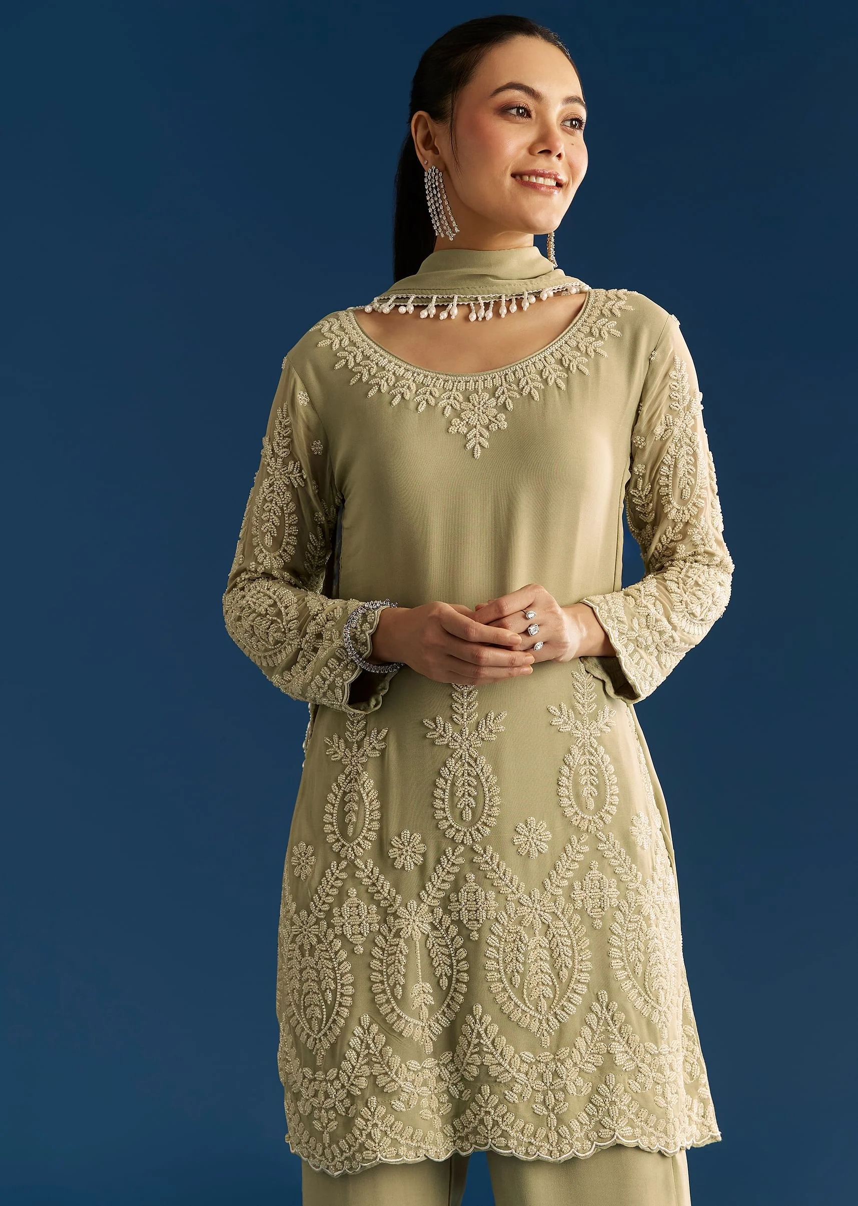 Mint Green Georgette Kurta Set With Beaded Tassel Dupatta - Image 2