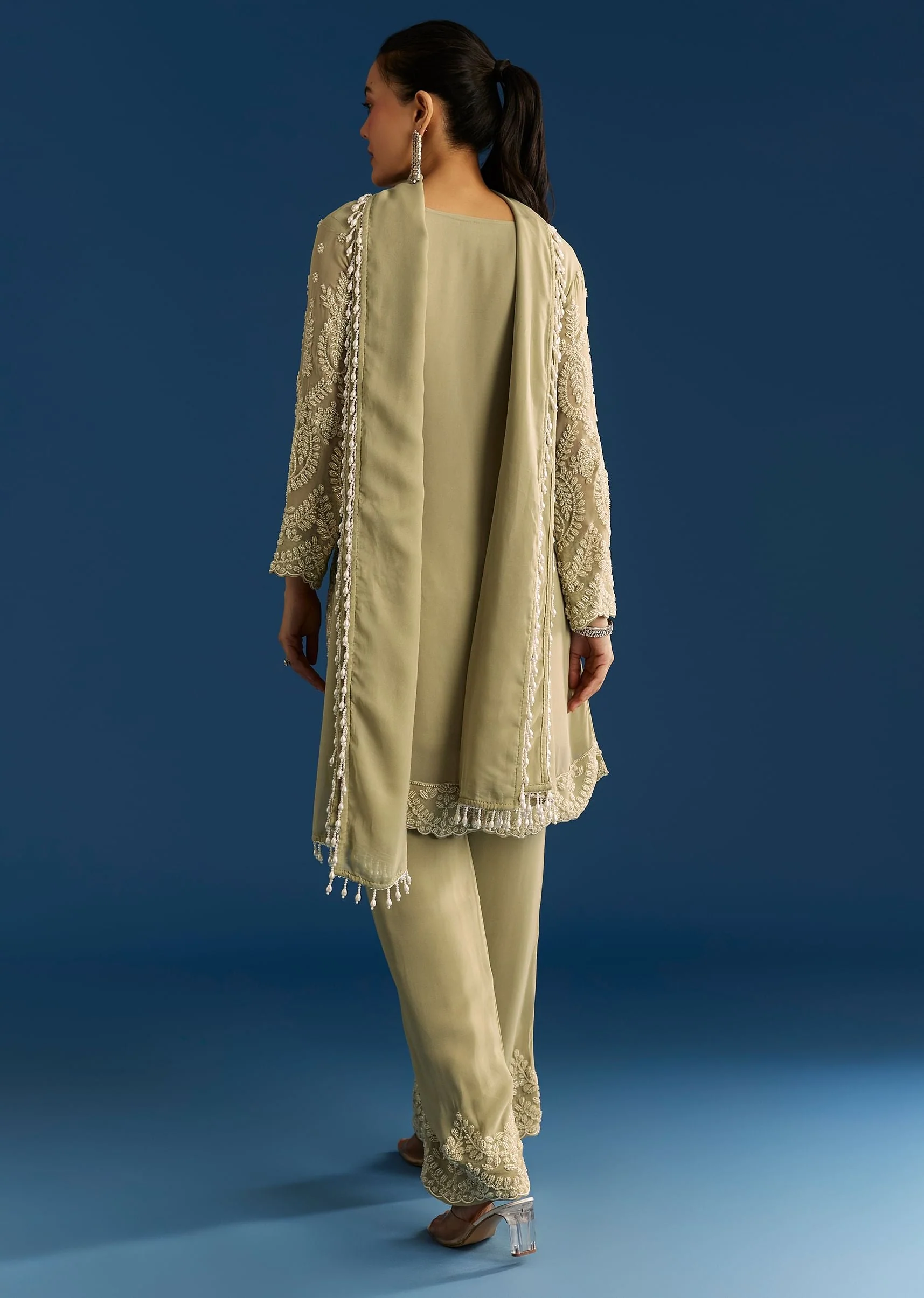 Mint Green Georgette Kurta Set With Beaded Tassel Dupatta - Image 5