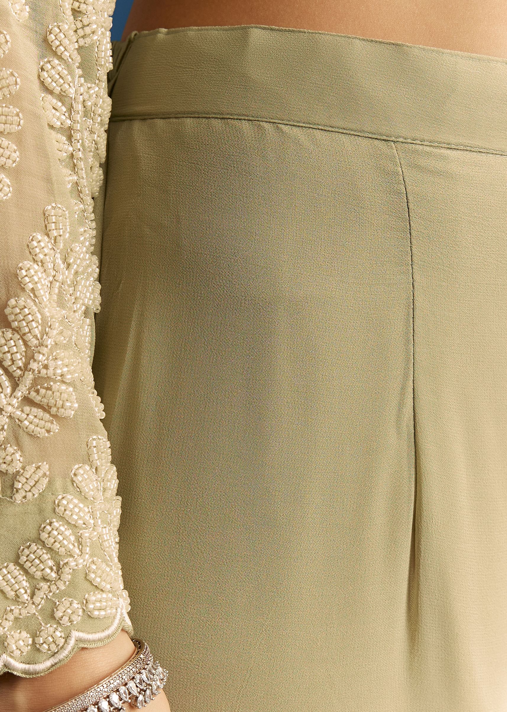 Mint Green Georgette Kurta Set With Beaded Tassel Dupatta - Image 6