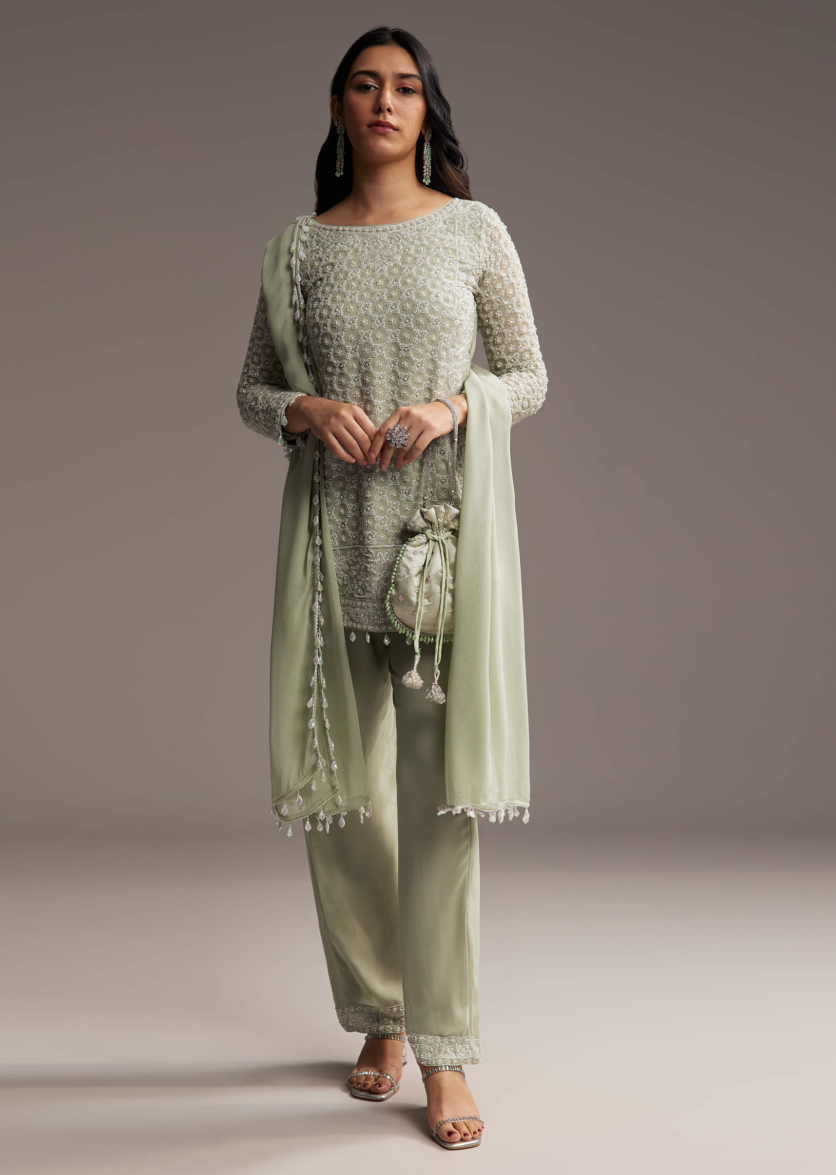 Mint Green Georgette Kurta Set With Beads Work - Image 2