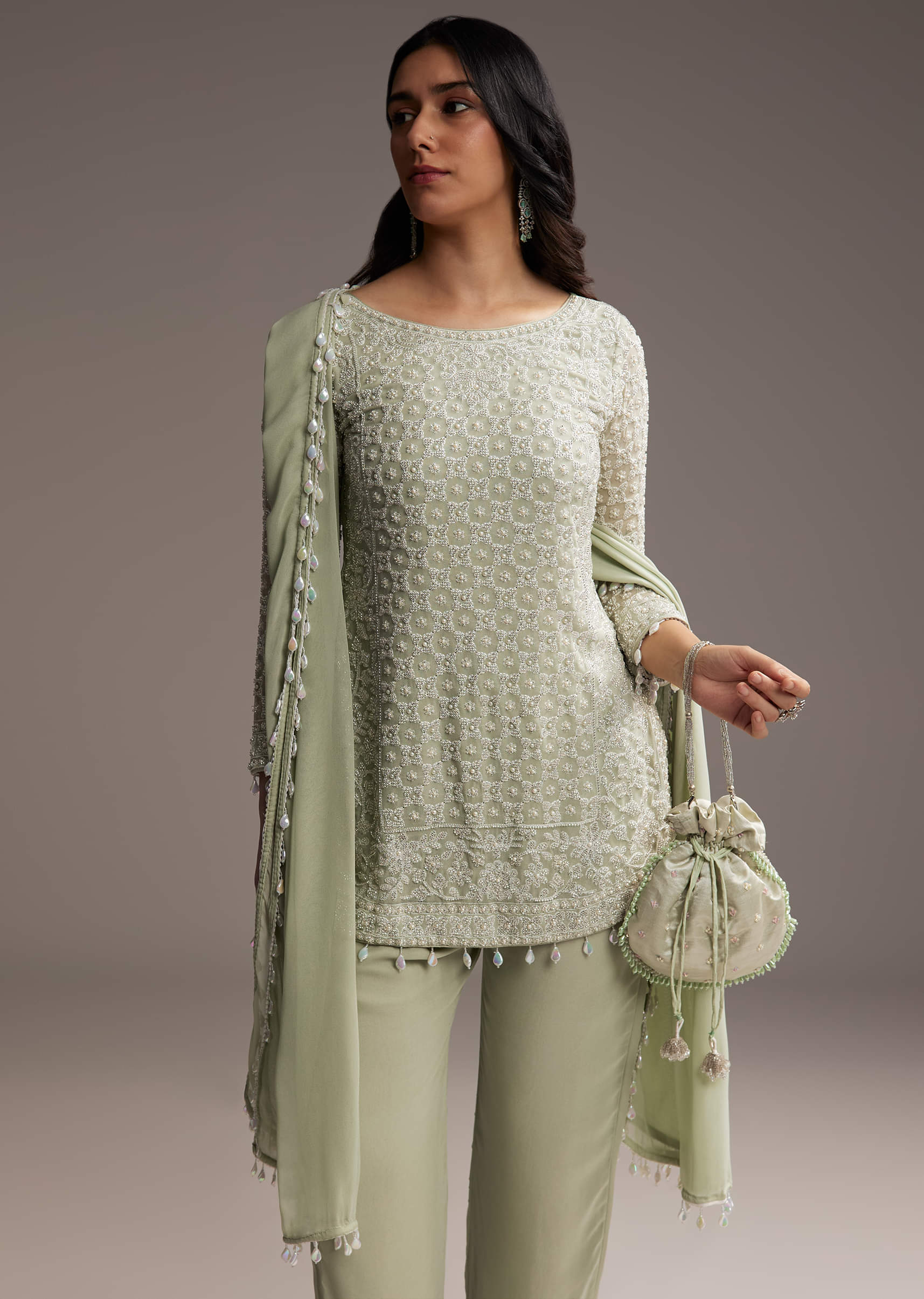 Mint Green Georgette Kurta Set With Beads Work - Image 3