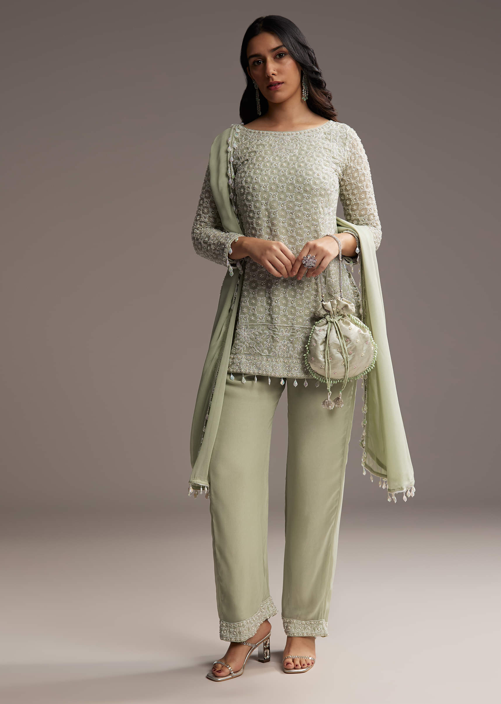 Mint Green Georgette Kurta Set With Beads Work - Image 4