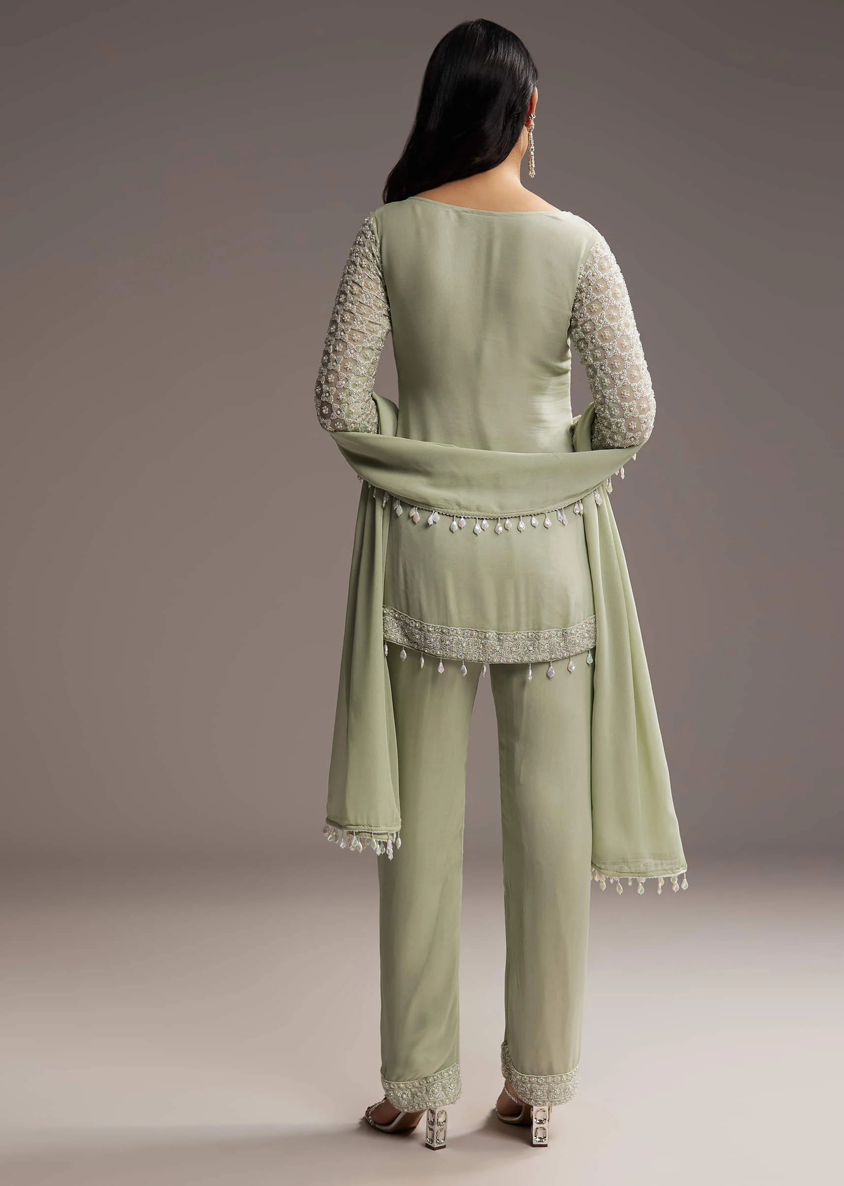 Mint Green Georgette Kurta Set With Beads Work - Image 5
