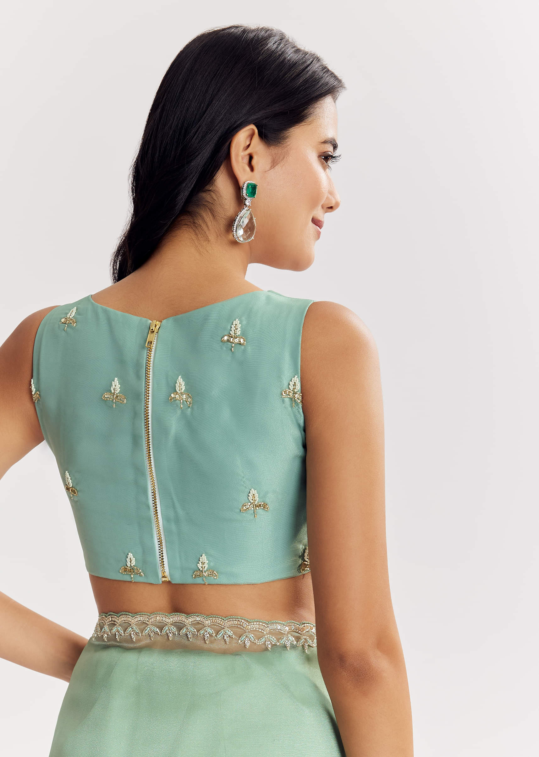 Mint Green Glass Tissue Saree With Cutdana And Sequins Embroidery - Image 8