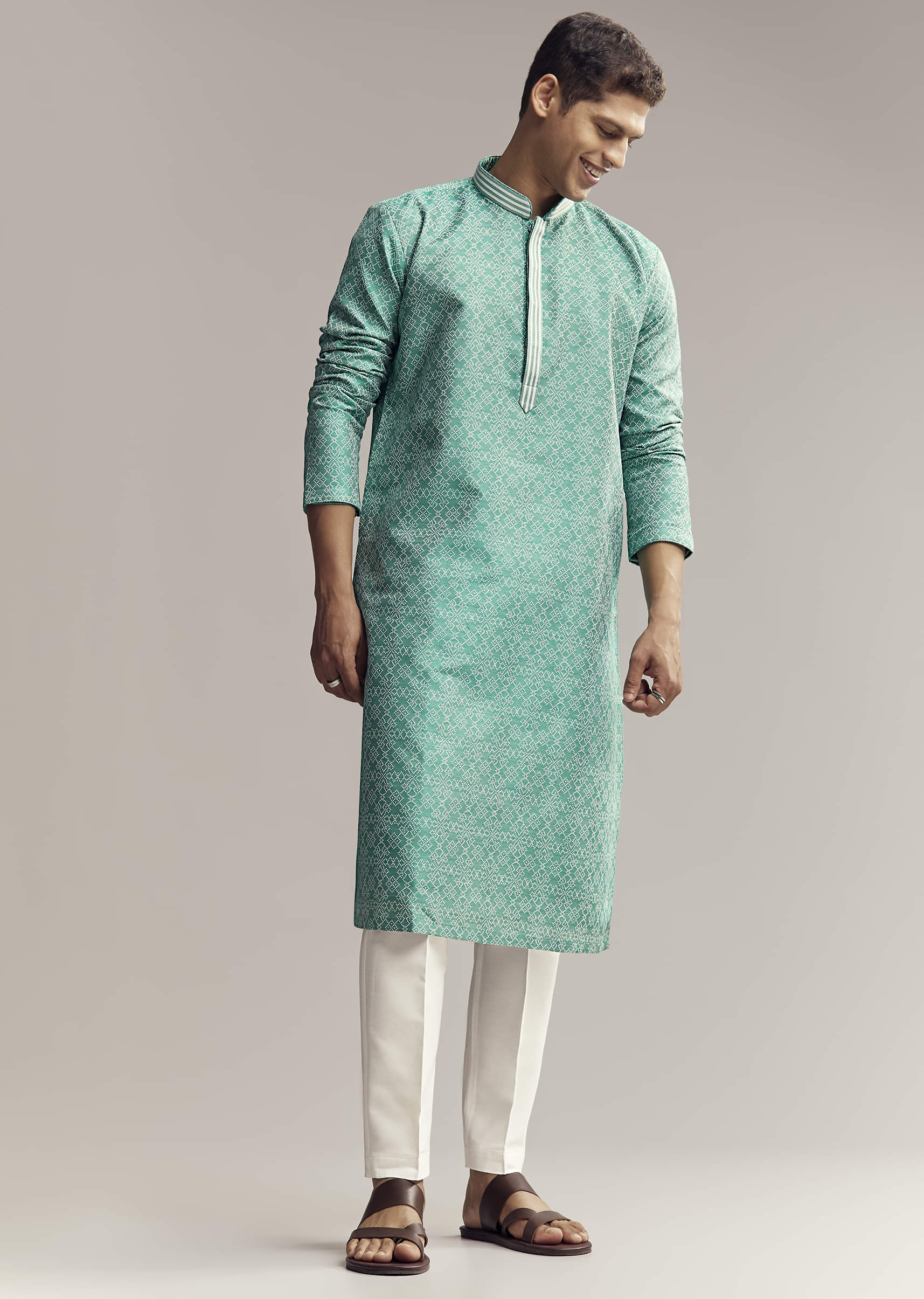Mint Green Jacquard Kurta Set For Men - Image 2