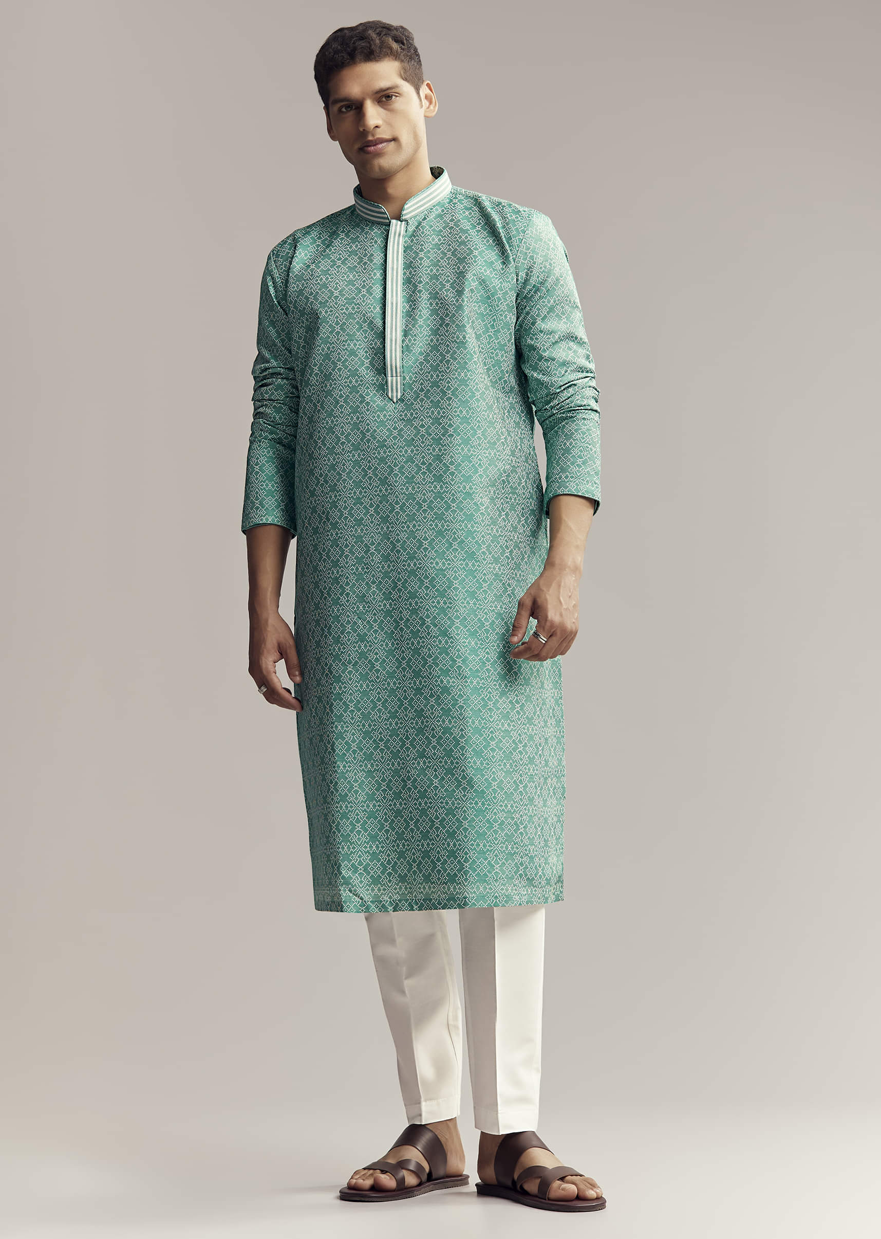 Mint Green Jacquard Kurta Set For Men - Image 4