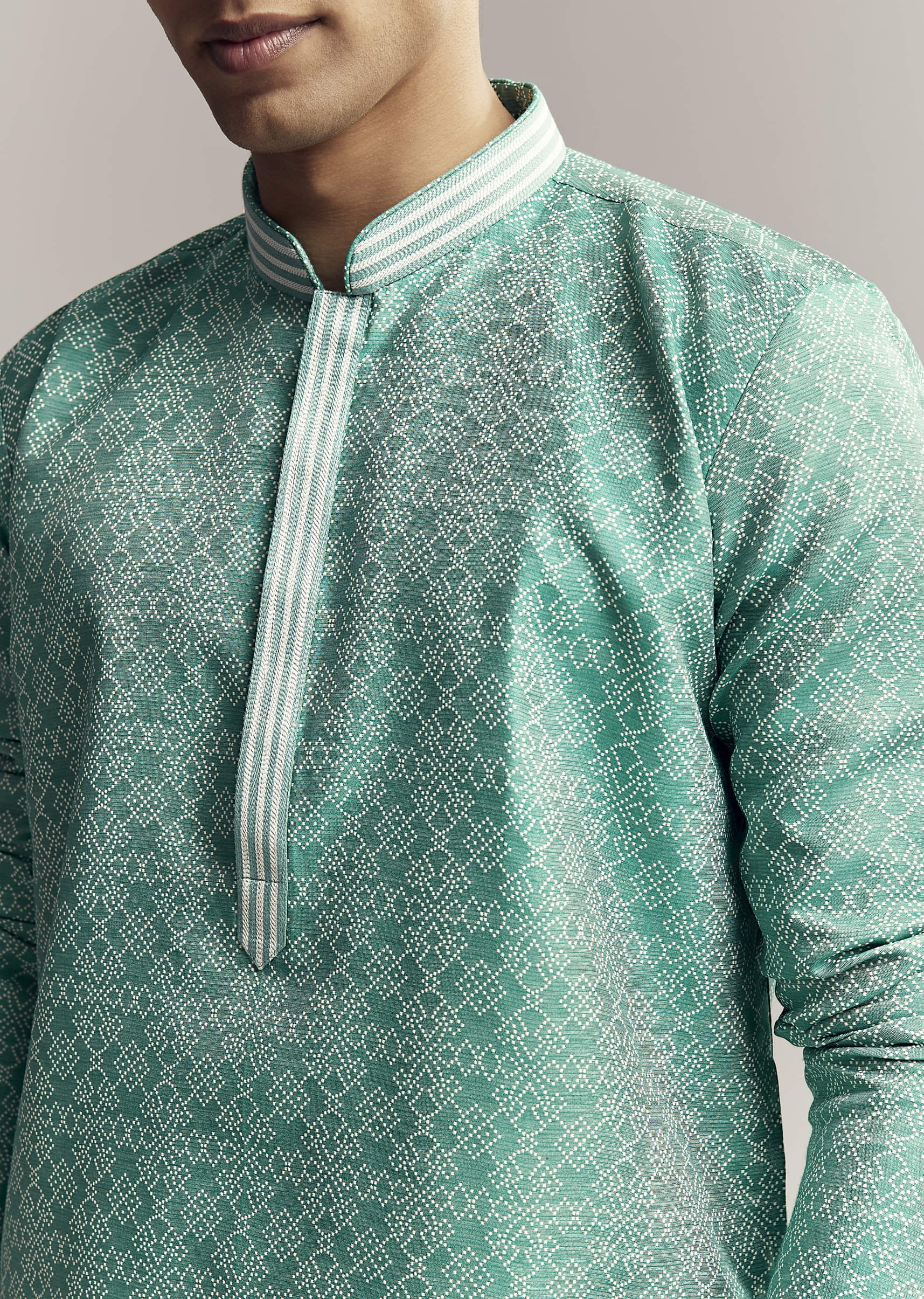 Mint Green Jacquard Kurta Set For Men - Image 7