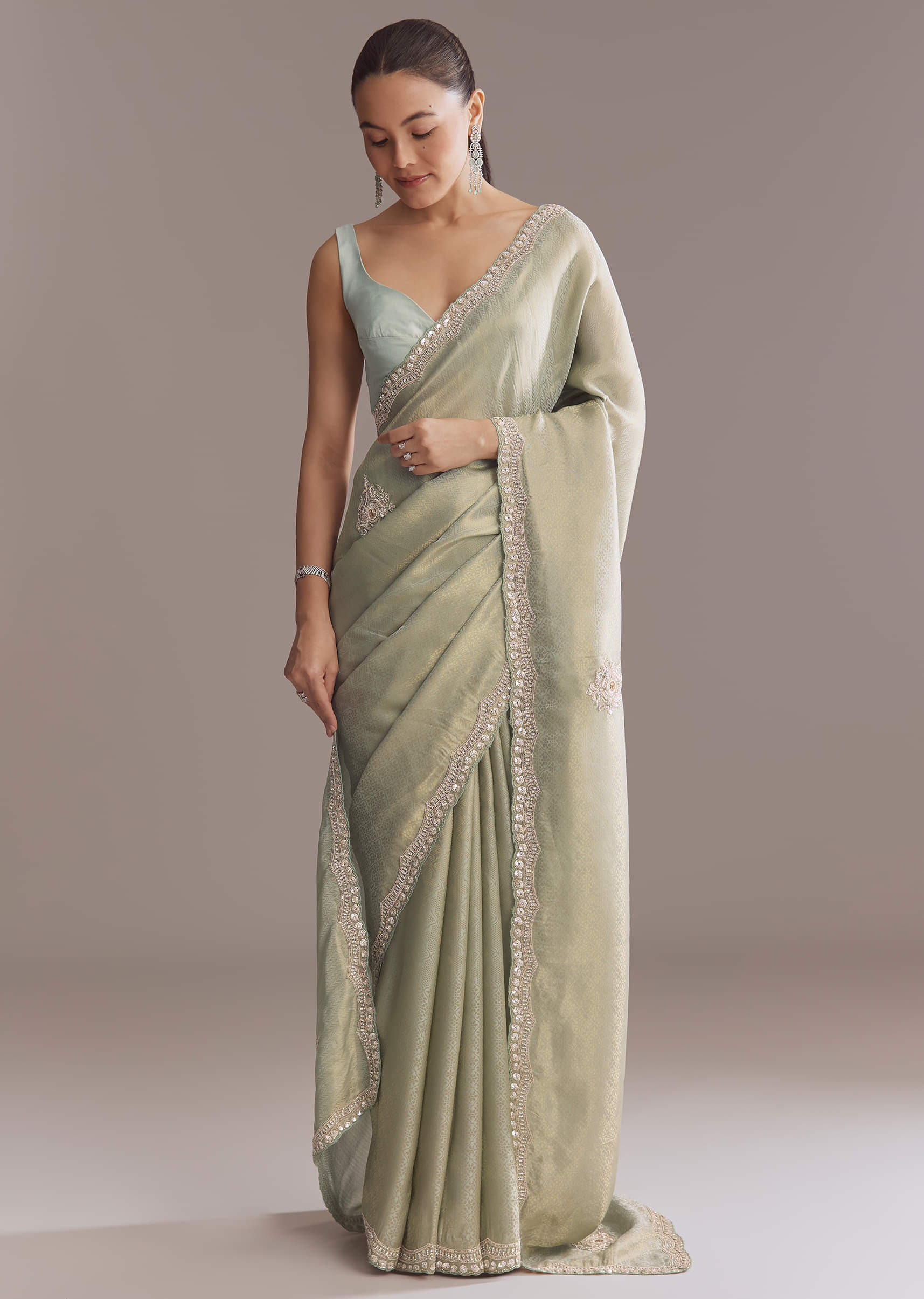 Mint Green Jacquard Saree With Cutdana And Sequin Embroidery - Image 2