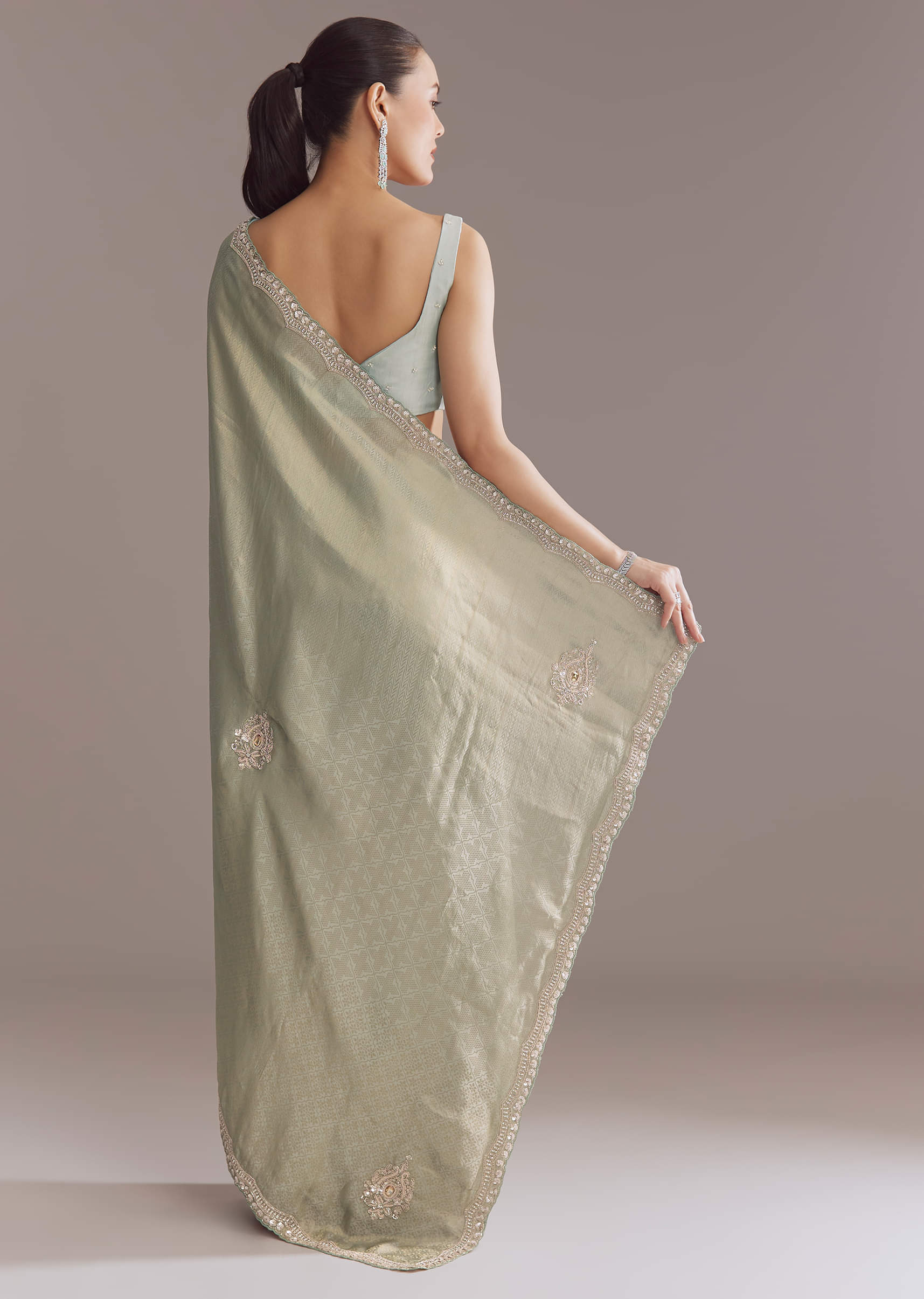 Mint Green Jacquard Saree With Cutdana And Sequin Embroidery - Image 3