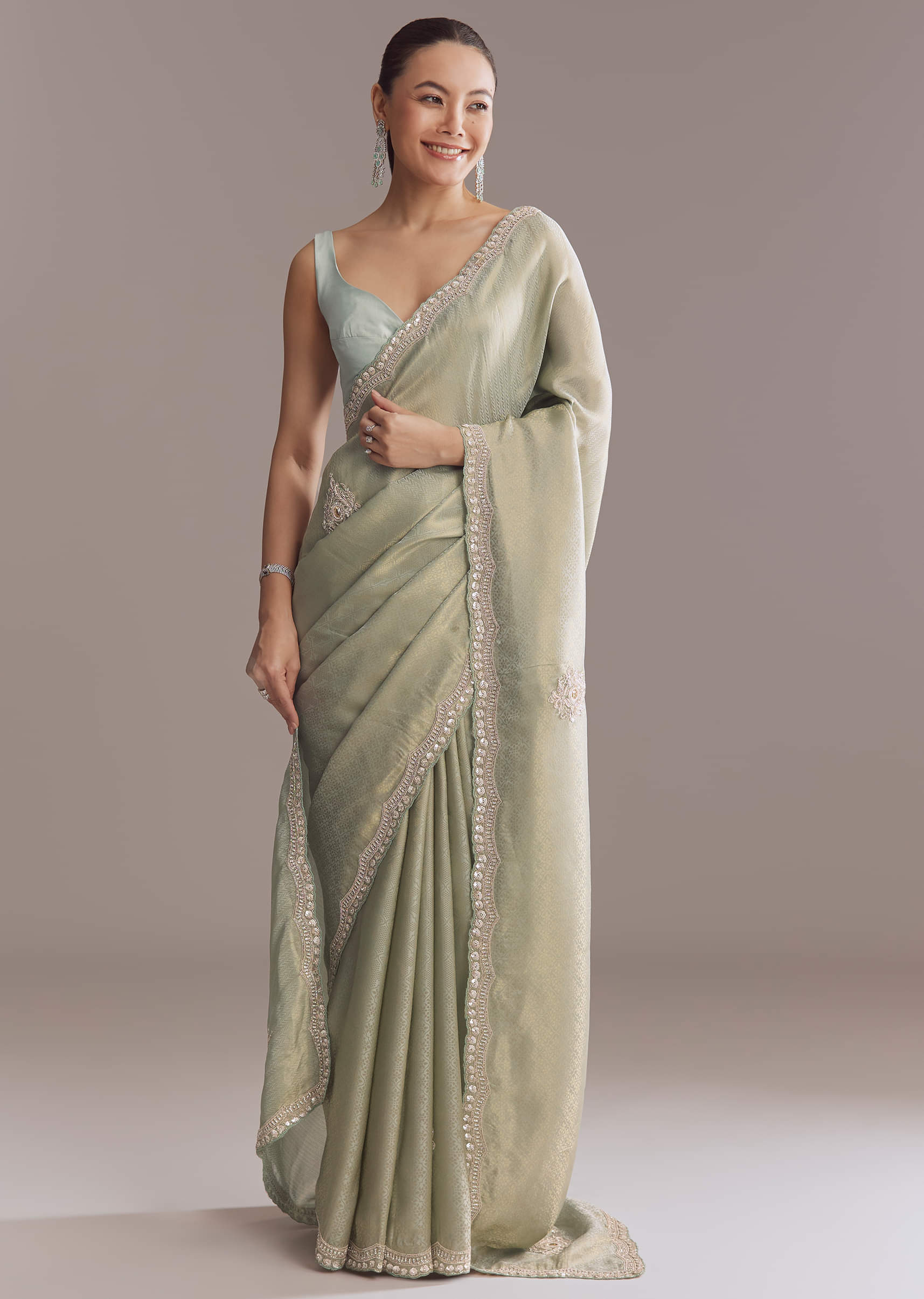 Mint Green Jacquard Saree With Cutdana And Sequin Embroidery - Image 4