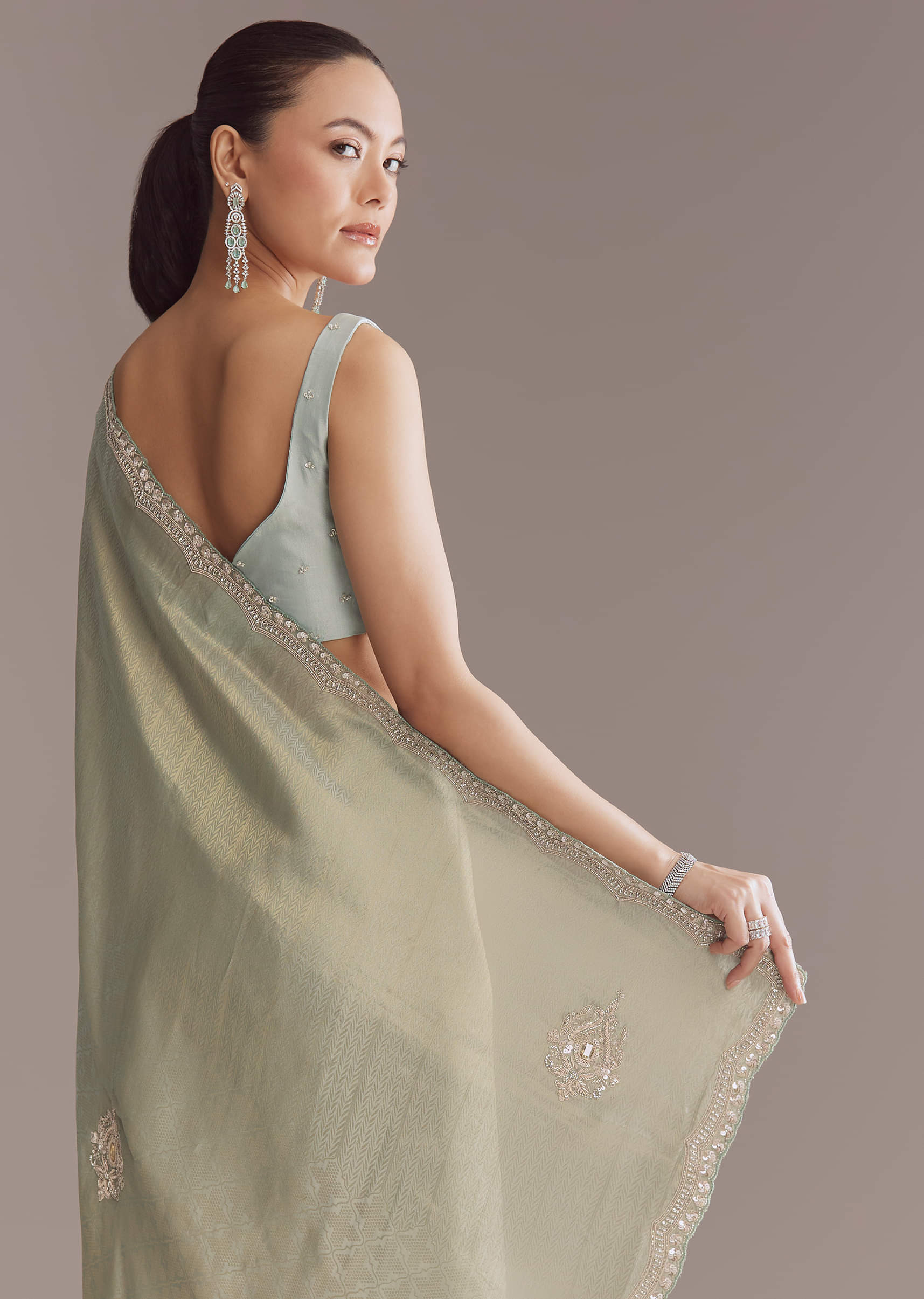 Mint Green Jacquard Saree With Cutdana And Sequin Embroidery - Image 5