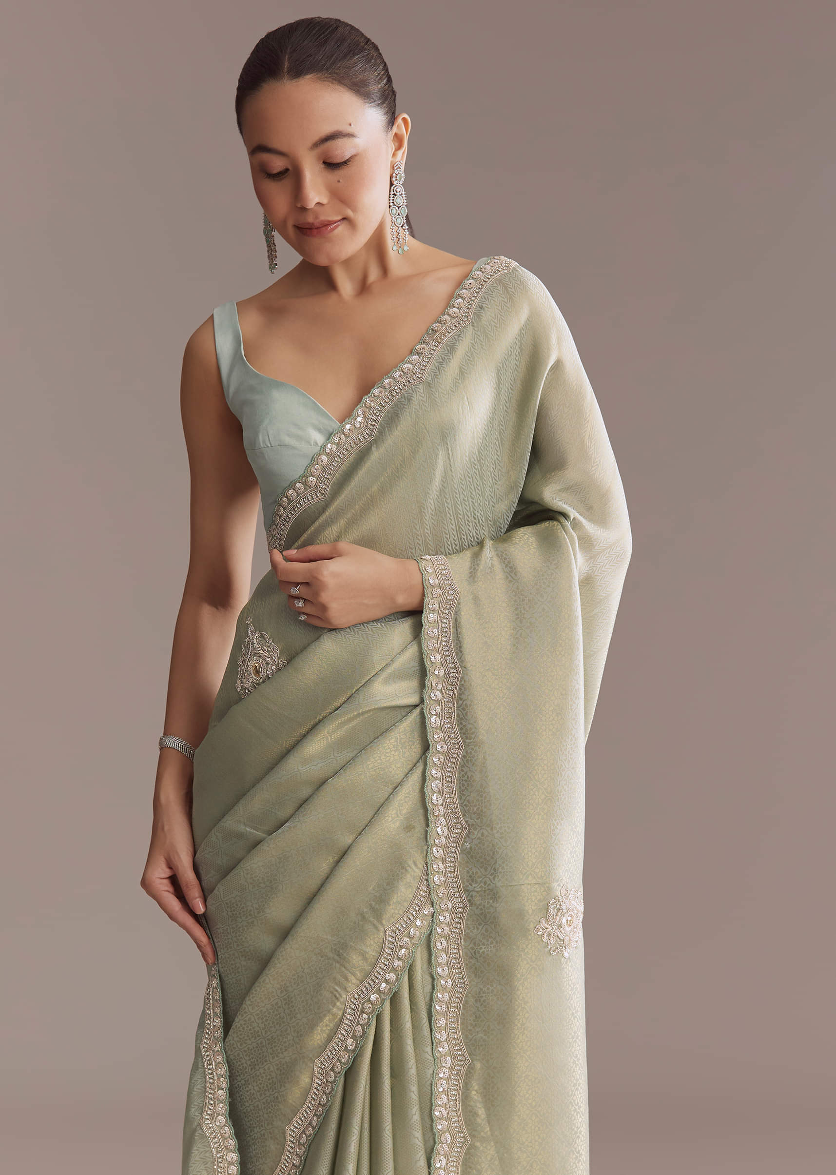Mint Green Jacquard Saree With Cutdana And Sequin Embroidery - Image 9