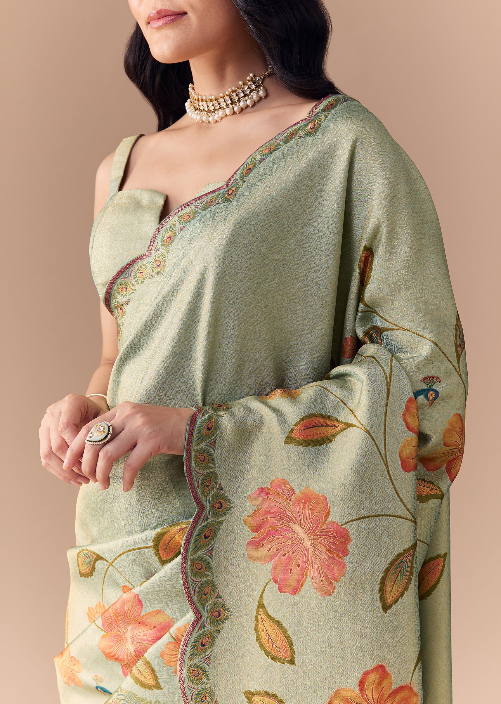 Mint Green Jacquard Silk Floral Woven Saree with Unstitched Blouse - Image 2