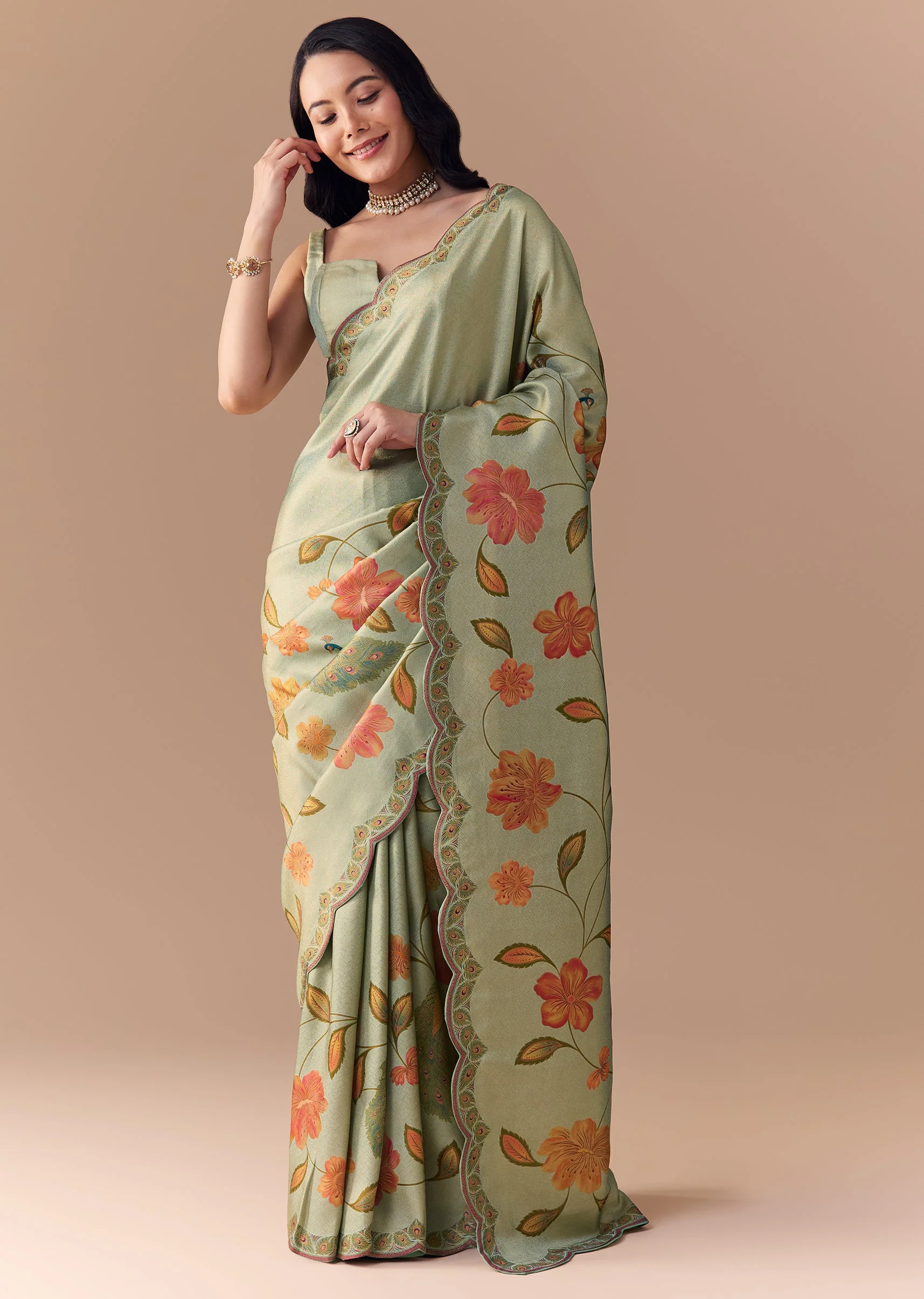 Mint Green Jacquard Silk Floral Woven Saree with Unstitched Blouse - Image 3