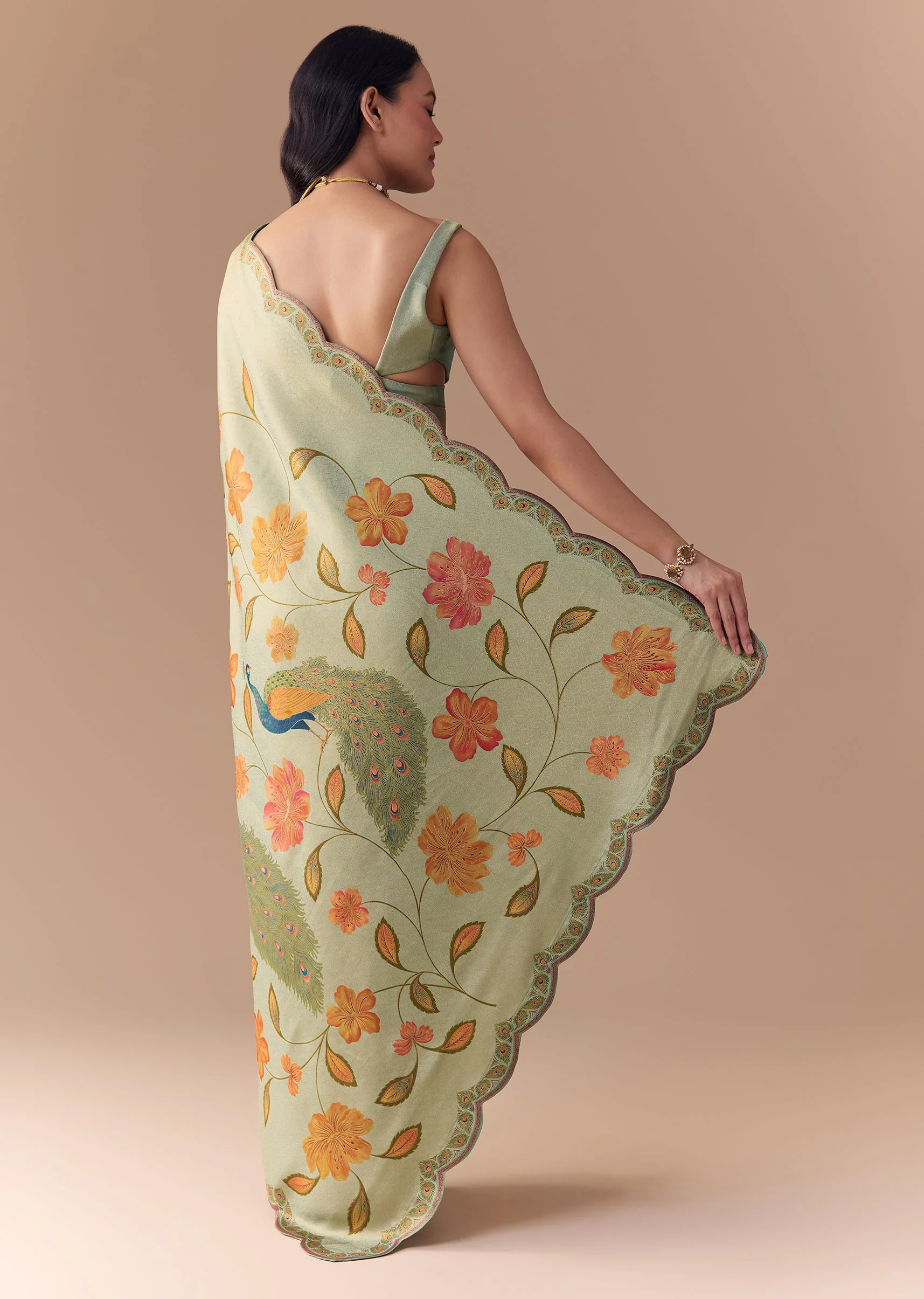Mint Green Jacquard Silk Floral Woven Saree with Unstitched Blouse - Image 5
