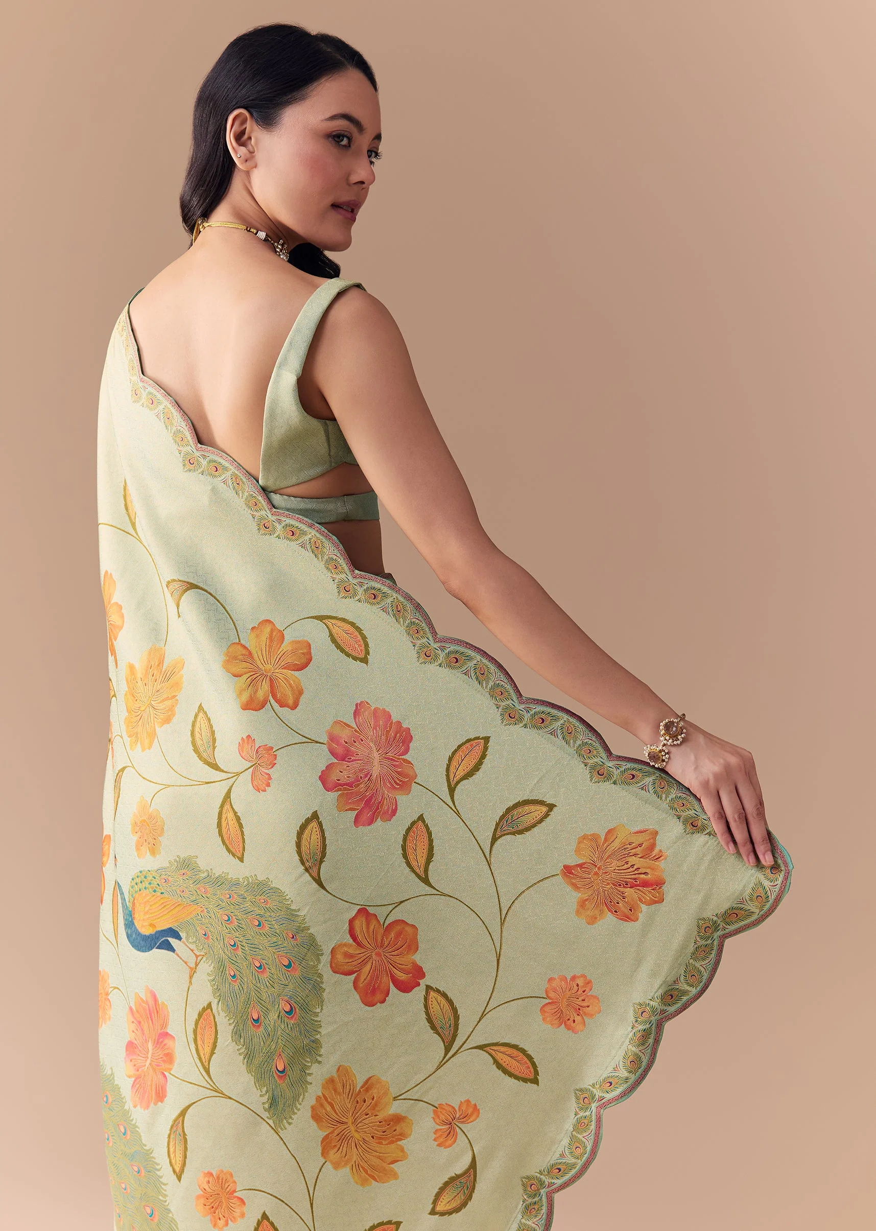 Mint Green Jacquard Silk Floral Woven Saree with Unstitched Blouse - Image 6