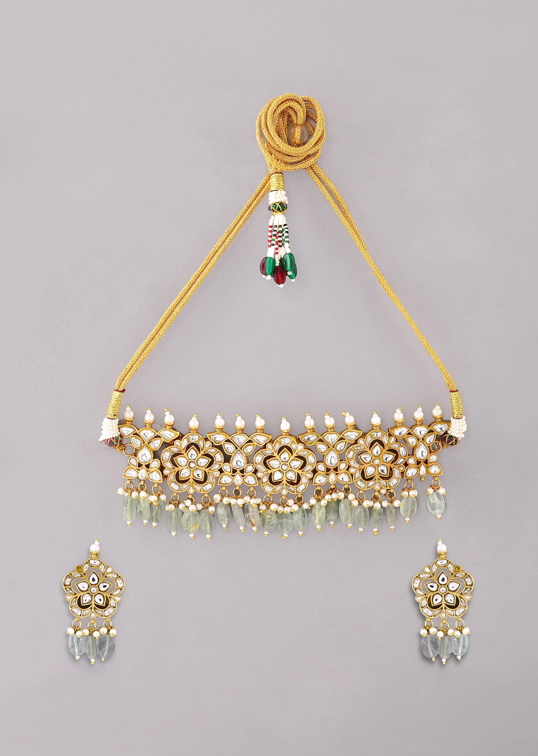 Mint Green Kundan Floral Motif Necklace and Earrings Set - Image 2