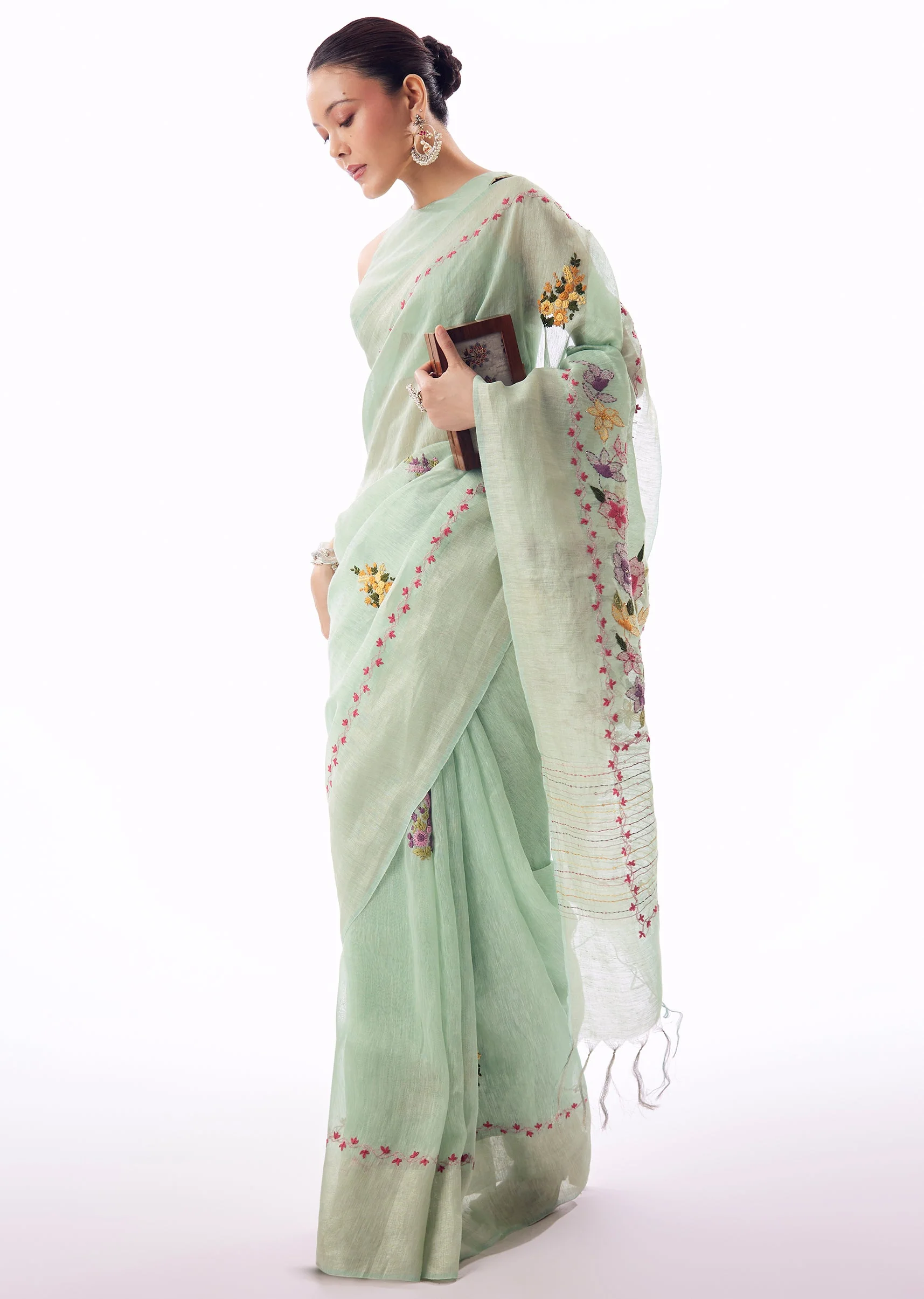 Mint Green Linen Saree With All Over Floral Resham Hand Embroidery