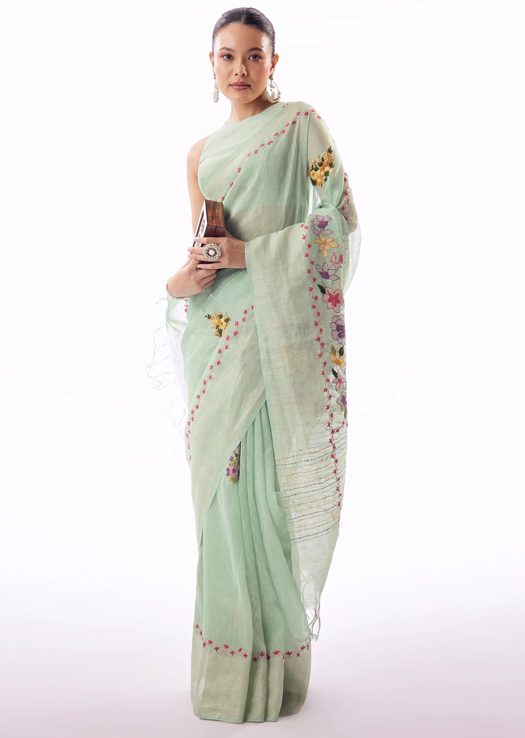 Mint Green Linen Saree With All Over Floral Resham Hand Embroidery - Image 3
