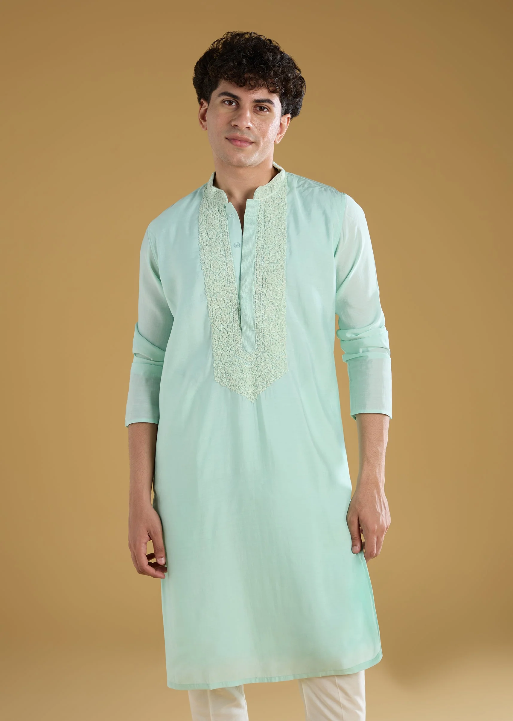 Mint Green Mens Kurta Set With Thread Detail - Image 3