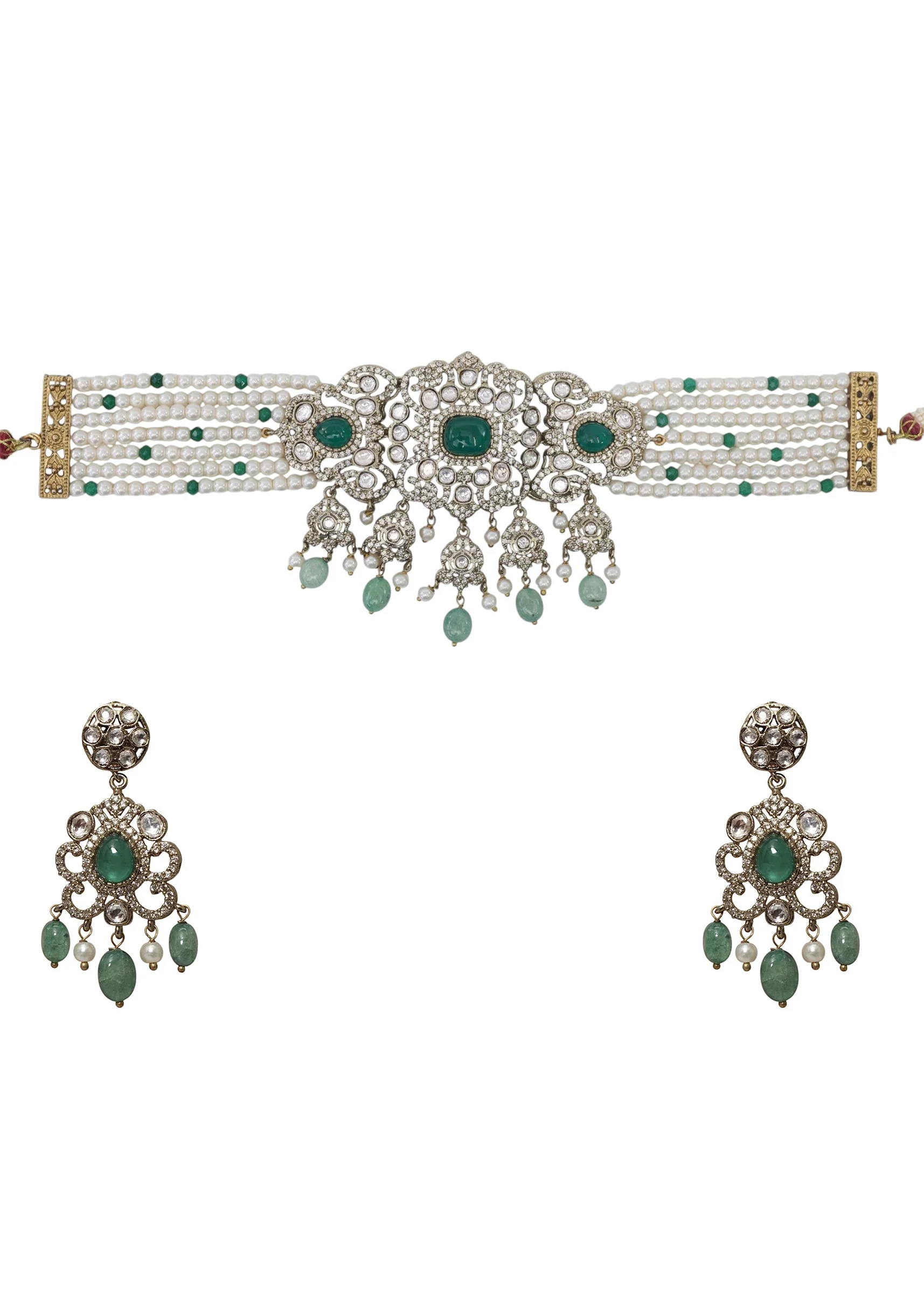 Mint Green Modern Polki Necklace and Dangler Set - Image 2