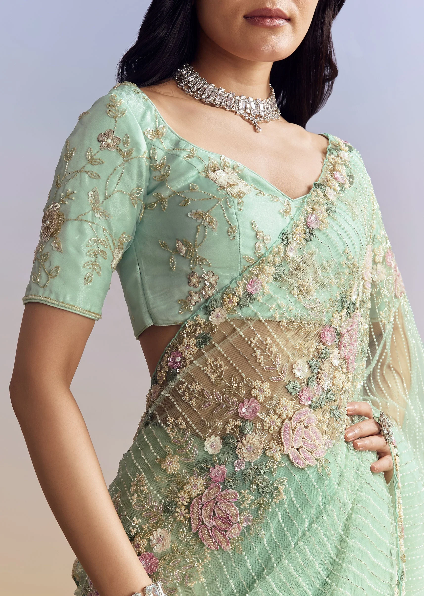 Mint Green Net Saree With Heavily Embroidered Border - Image 3