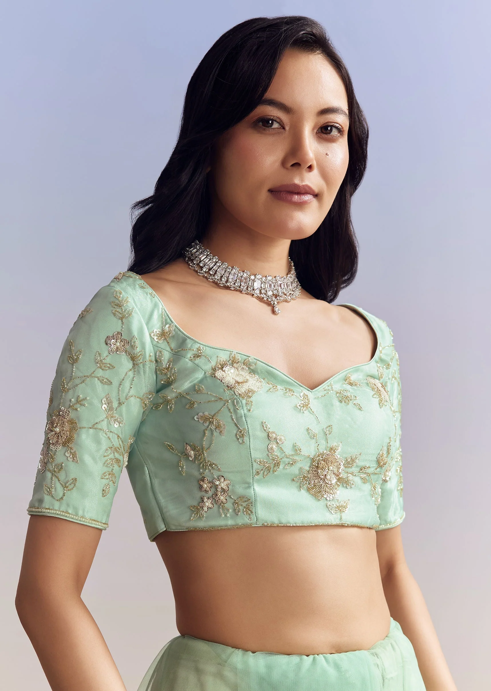 Mint Green Net Saree With Heavily Embroidered Border - Image 7