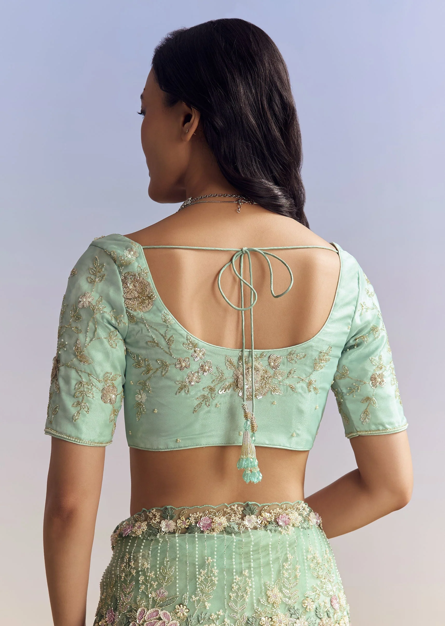 Mint Green Net Saree With Heavily Embroidered Border - Image 8