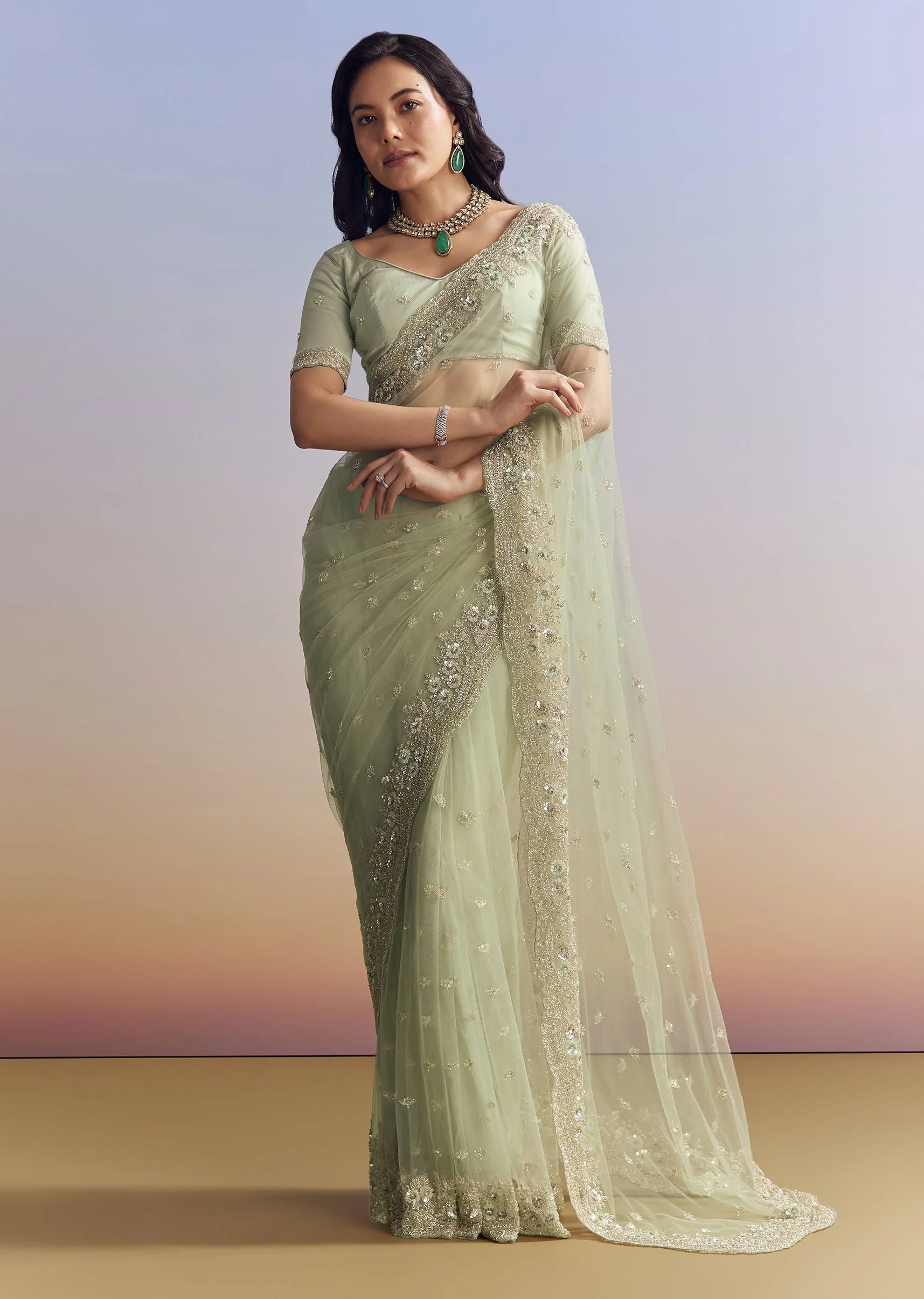 Mint Green Net Saree With Scallop Border And Heavy Embroidery - Image 5