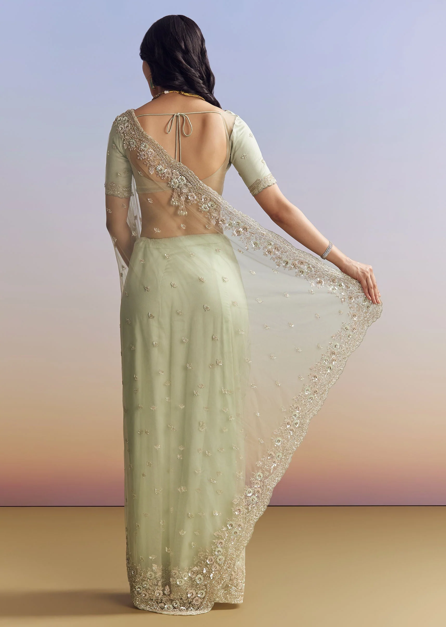 Mint Green Net Saree With Scallop Border And Heavy Embroidery - Image 6